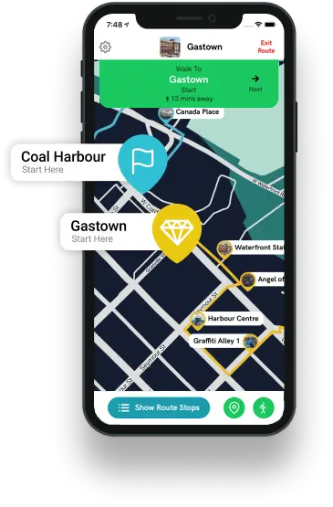 Phone screen showing the VanWalks walking tour app.