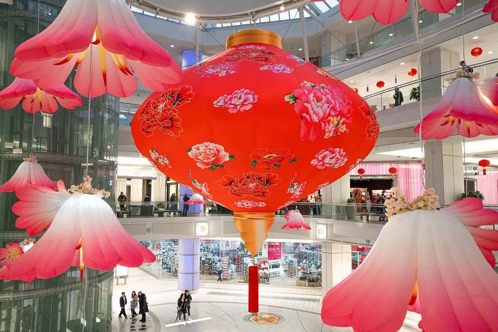 Metrotown decorated with lanterns during Lunar New Year in Vancouver.