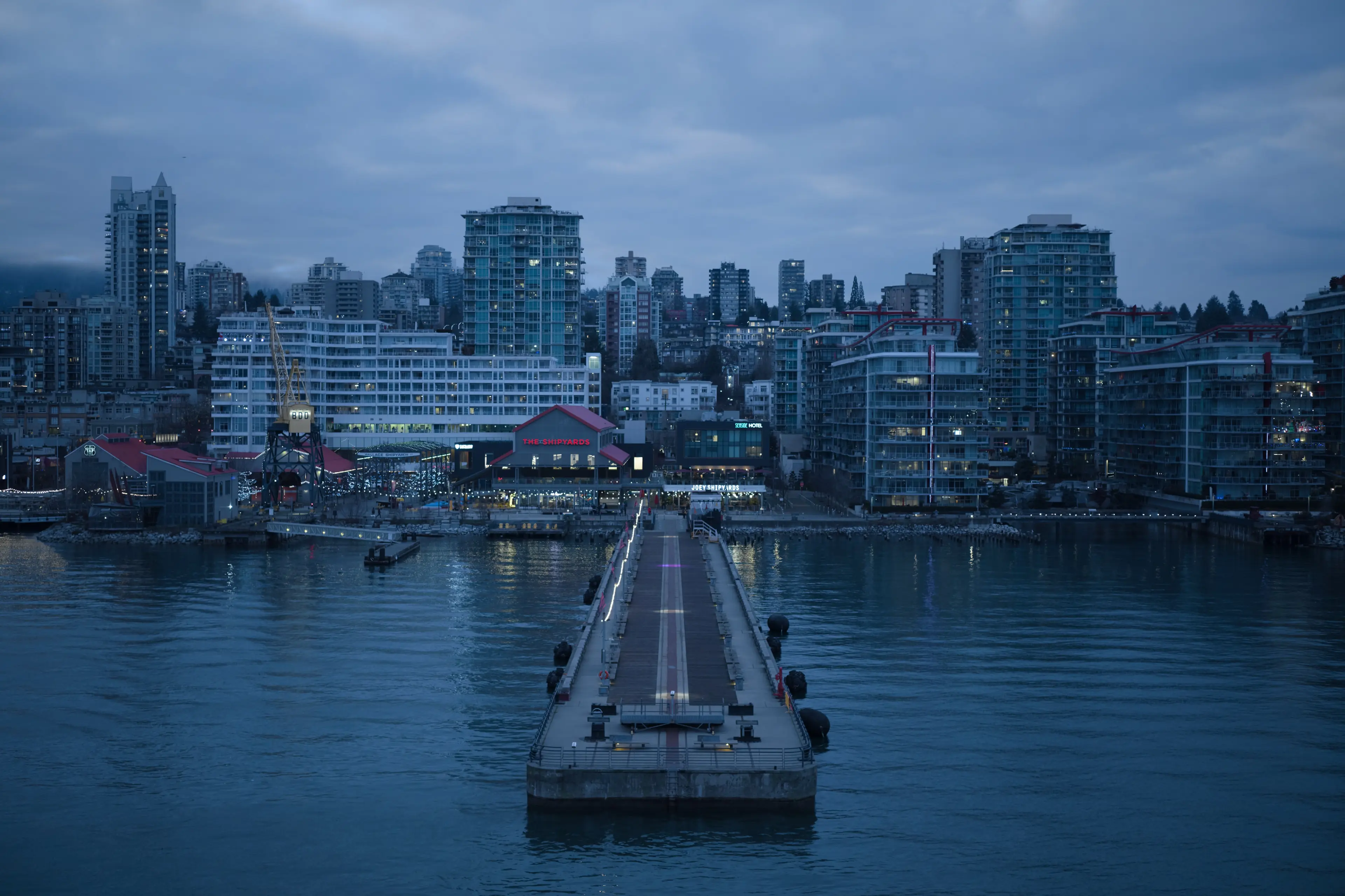 Shipyards dock at dusk in North Vancouver.