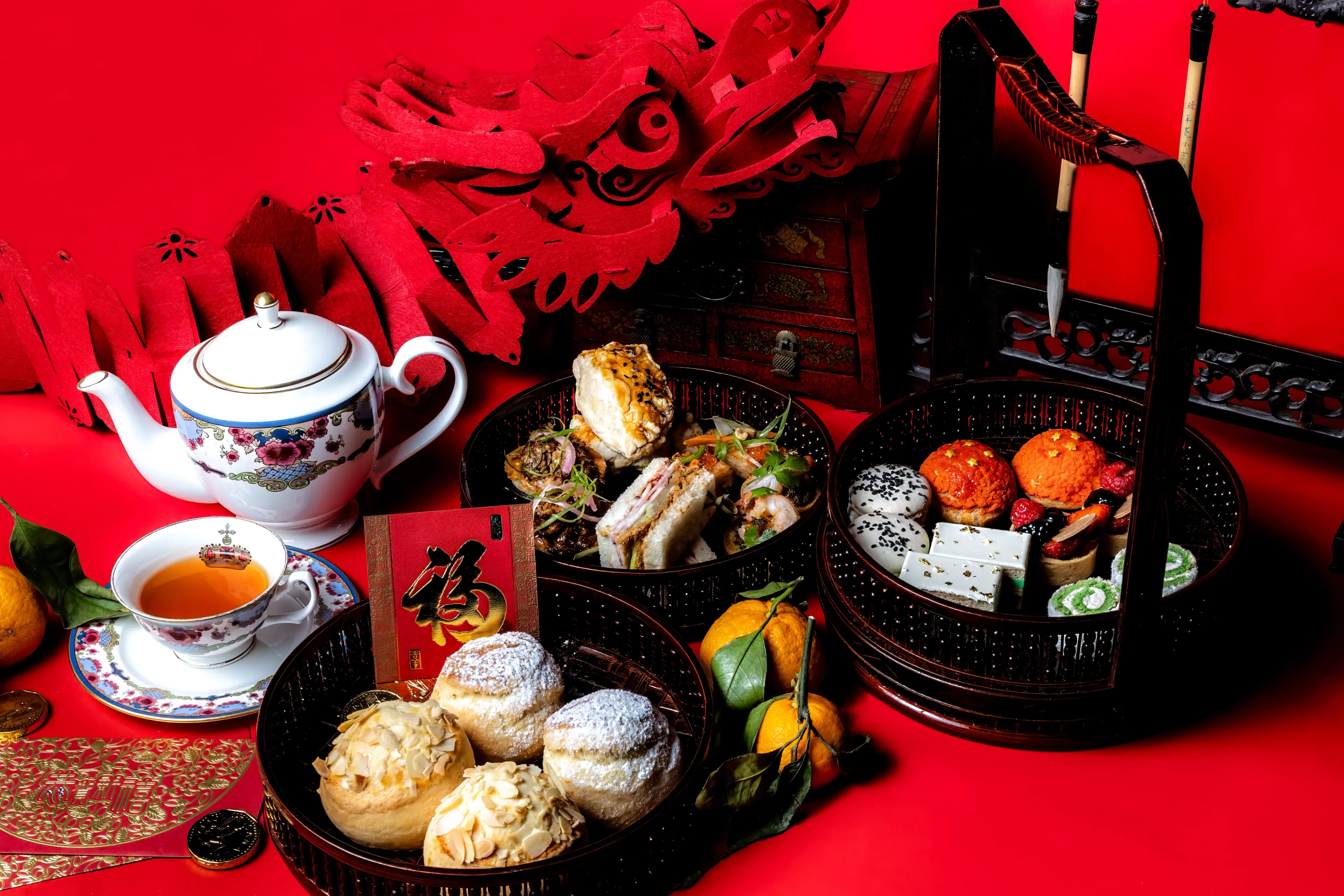 Baskets full of sweet and savoury items served as part of the Lunar New Year afternoon tea at Notch8. 