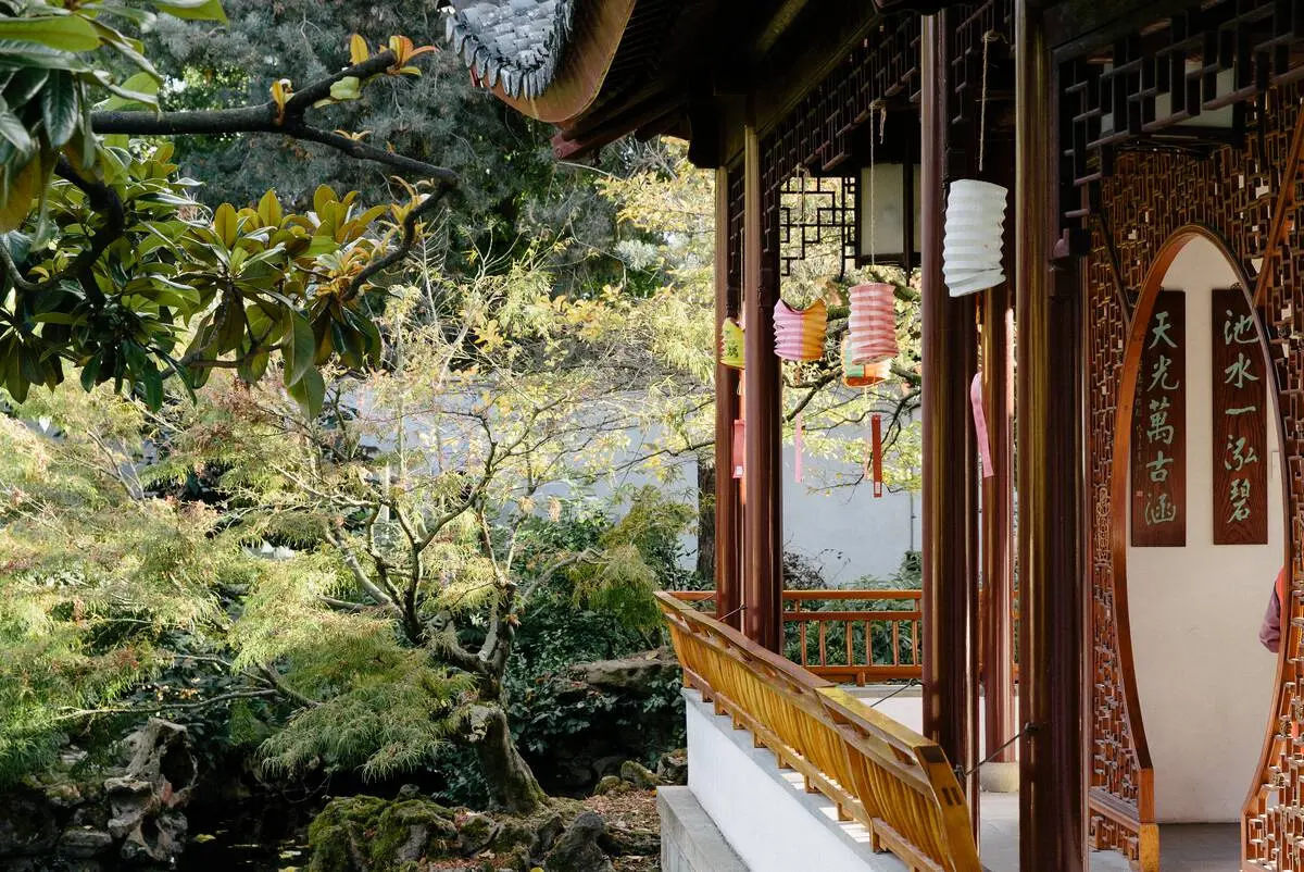 The exterior of a pagoda at Dr. Sun Yat-Sen Classical Chinese Garden in Vancouver