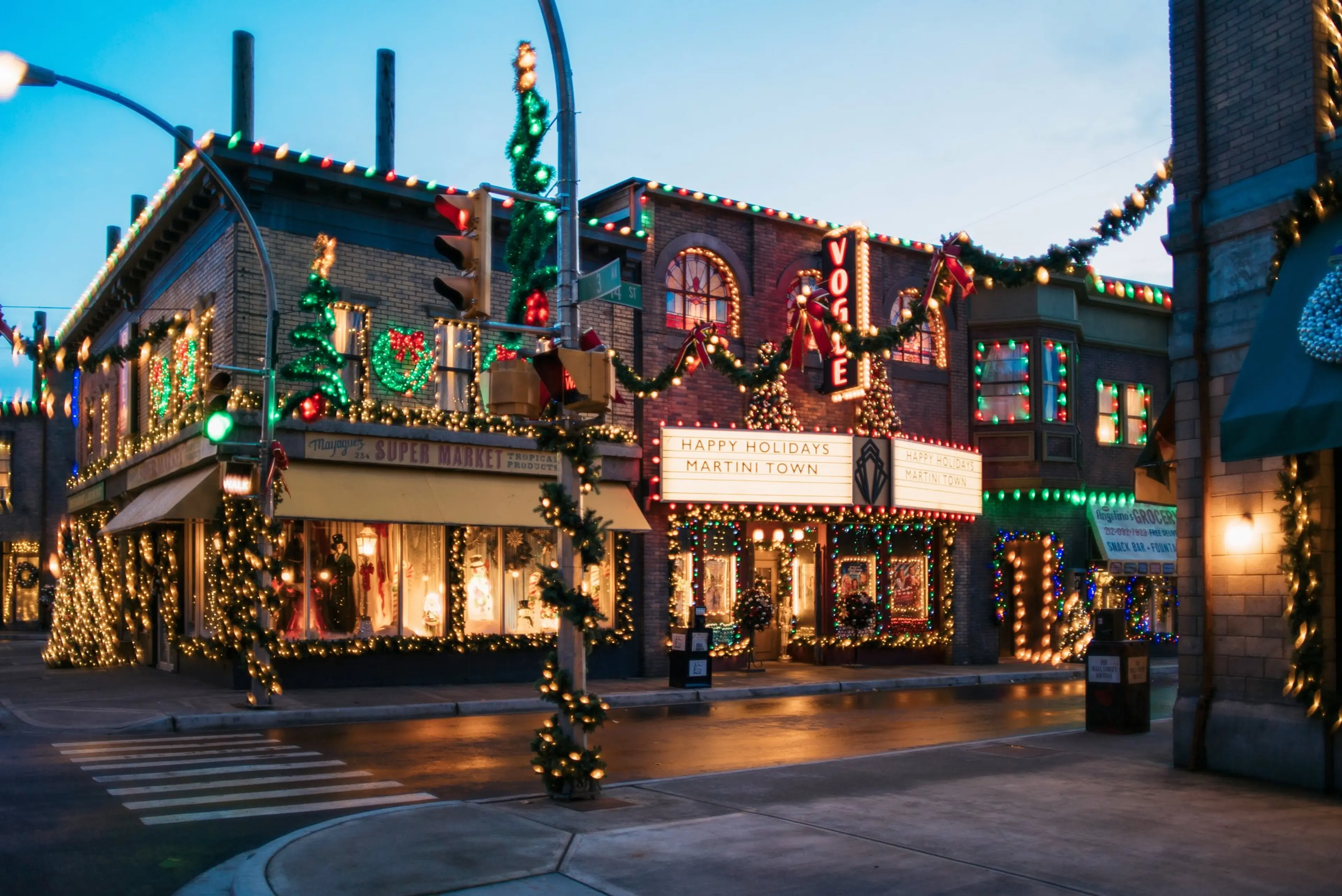 Buildings in the Martini Town studio backlot in Langley decked out with holiday lights and decorations for the Merry & Bright event. 