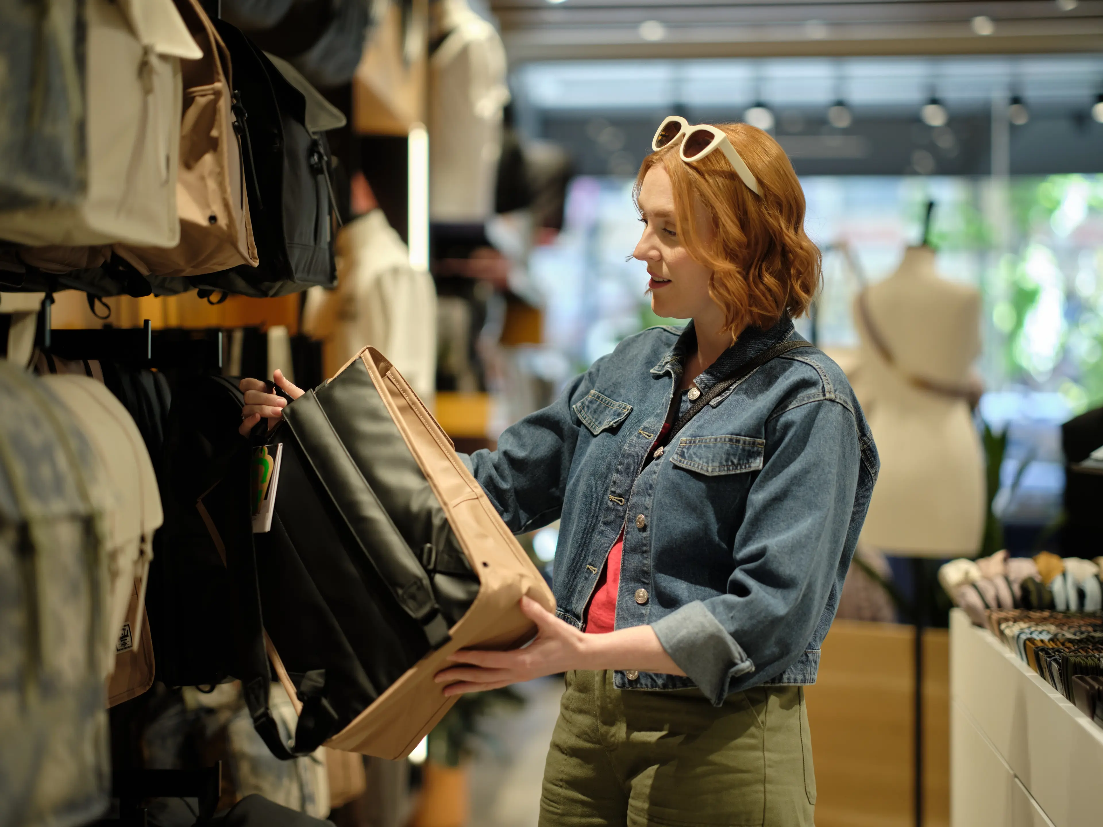 A person shopping in Vancouver looking at purses.