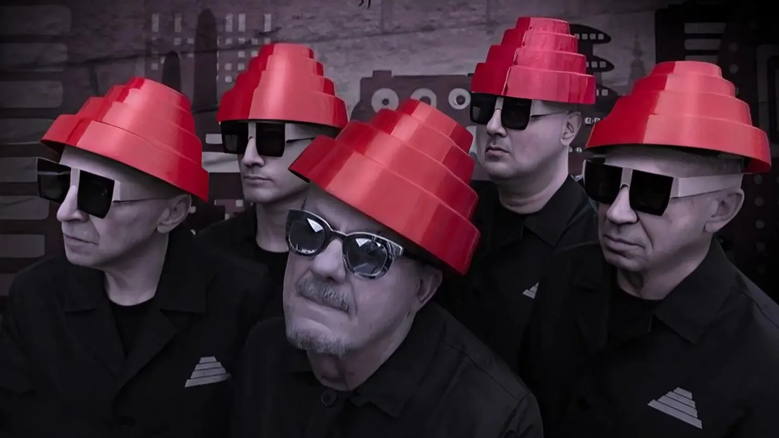 Five people wearing black outfits, black sunglasses, and red cone-shaped hats, standing against a dark background with abstract shapes.