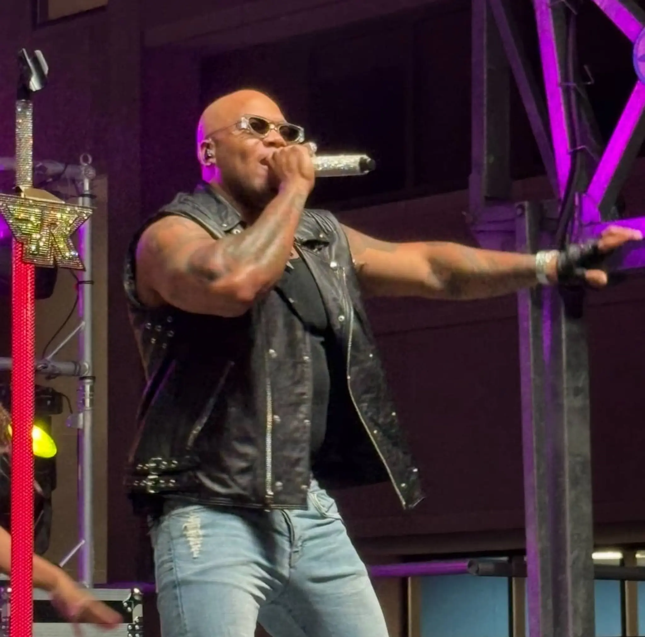 Bald man wearing sunglasses, a black sleeveless leather jacket, and ripped jeans singing into a microphone on stage.