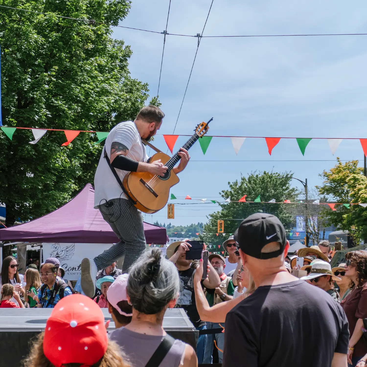 Man playing guitar on stage outdoors with crowd watching and colorful triangular flags overhead.
