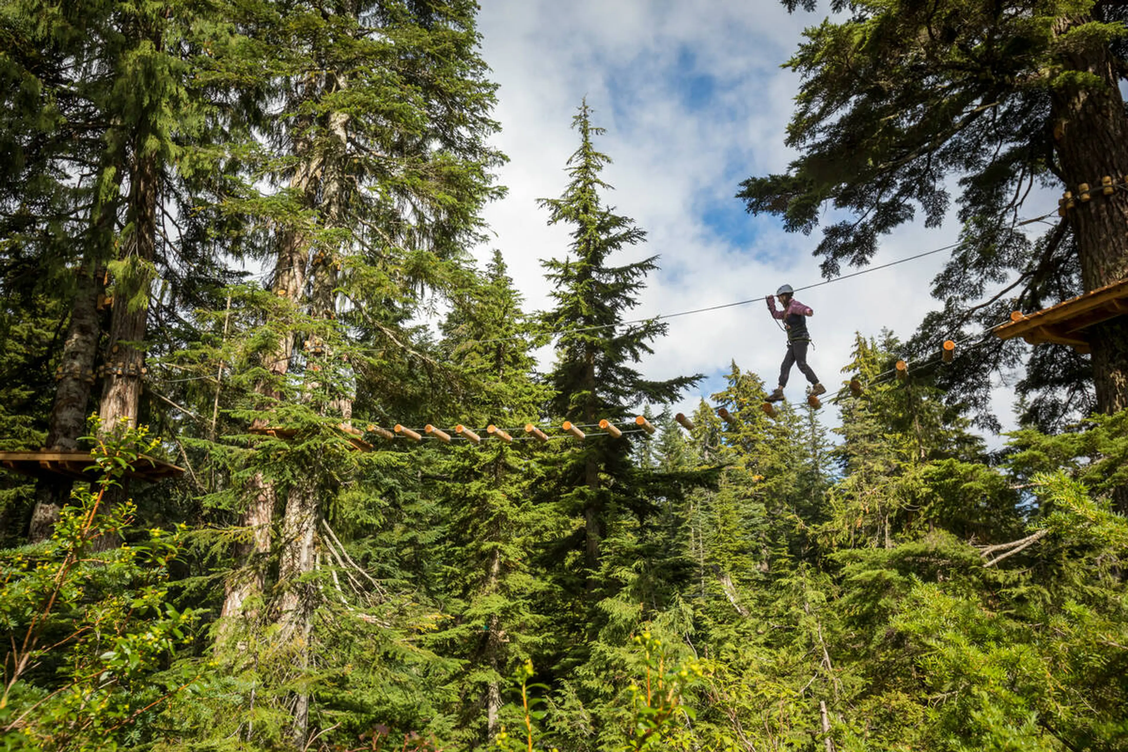 Balancing on the Mountain Ropes Adventure course at Grouse Mountain