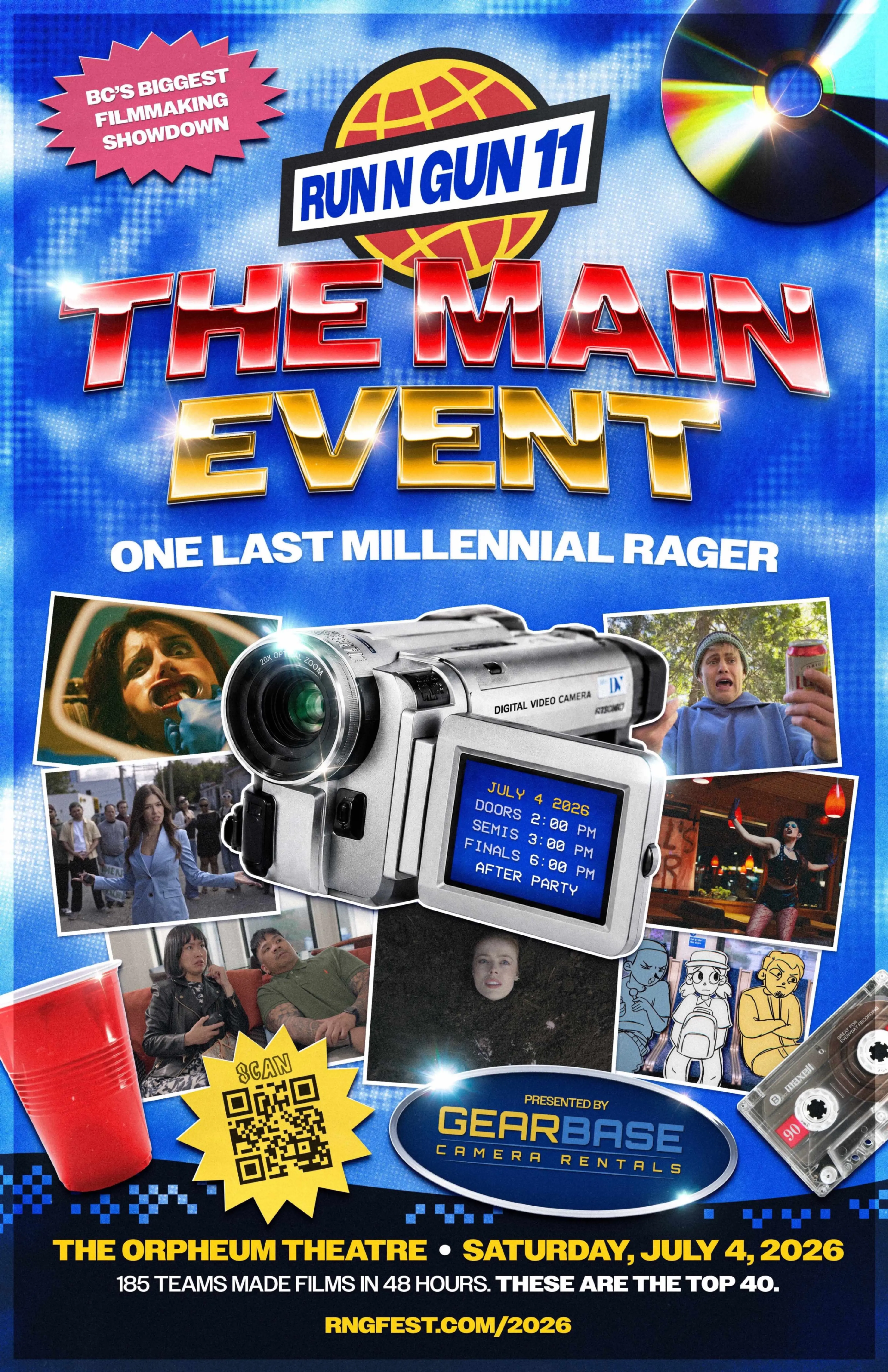 Poster for Run N Gun 11 filmmaking event titled The Main Event with a digital video camera, red cup, cassette tape, and various film scenes. Event on July 4, 2026, at The Orpheum Theatre.