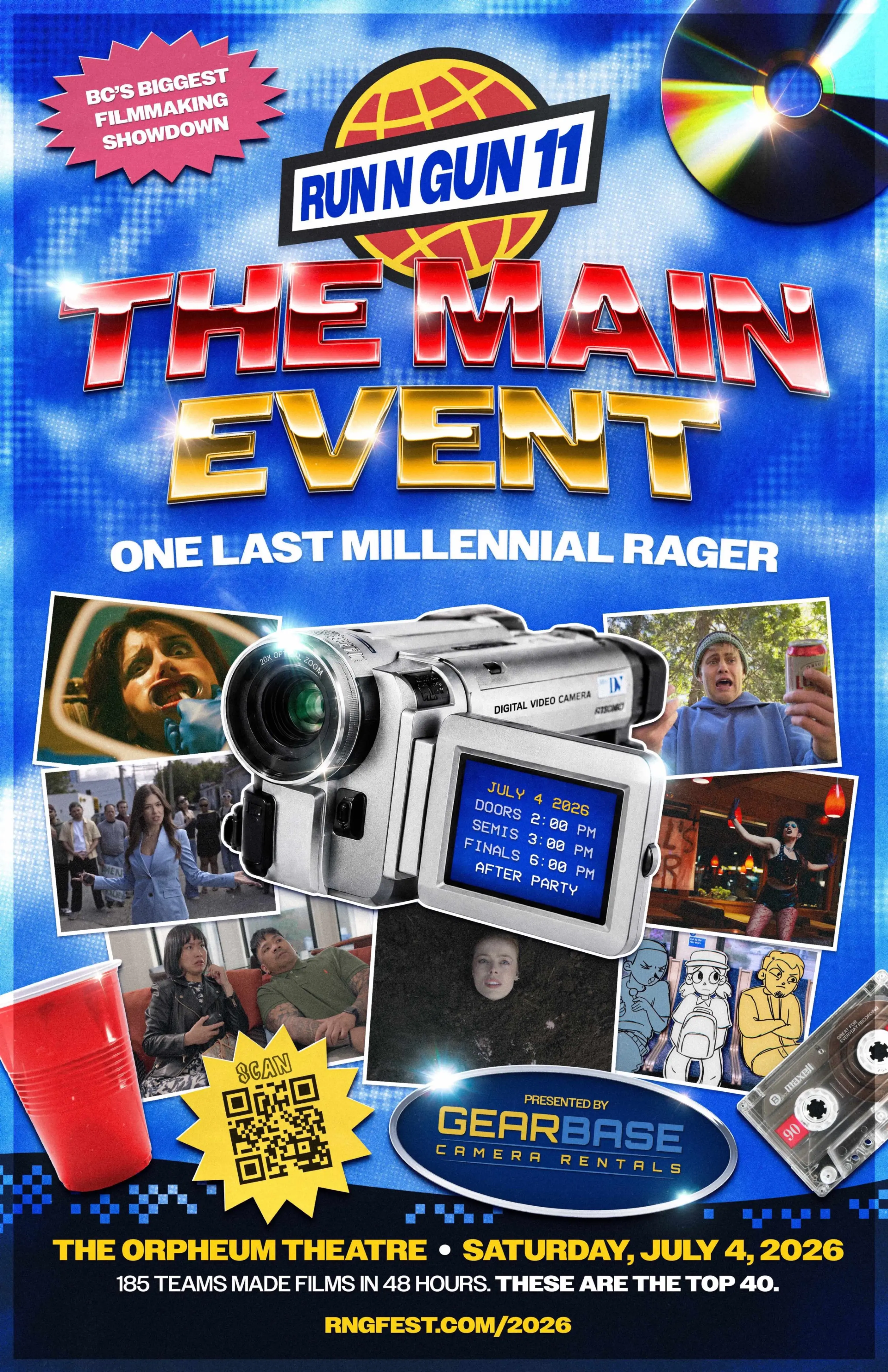Poster for Run N Gun 11 filmmaking event titled The Main Event with a digital video camera, red cup, cassette tape, and various film scenes. Event on July 4, 2026, at The Orpheum Theatre.