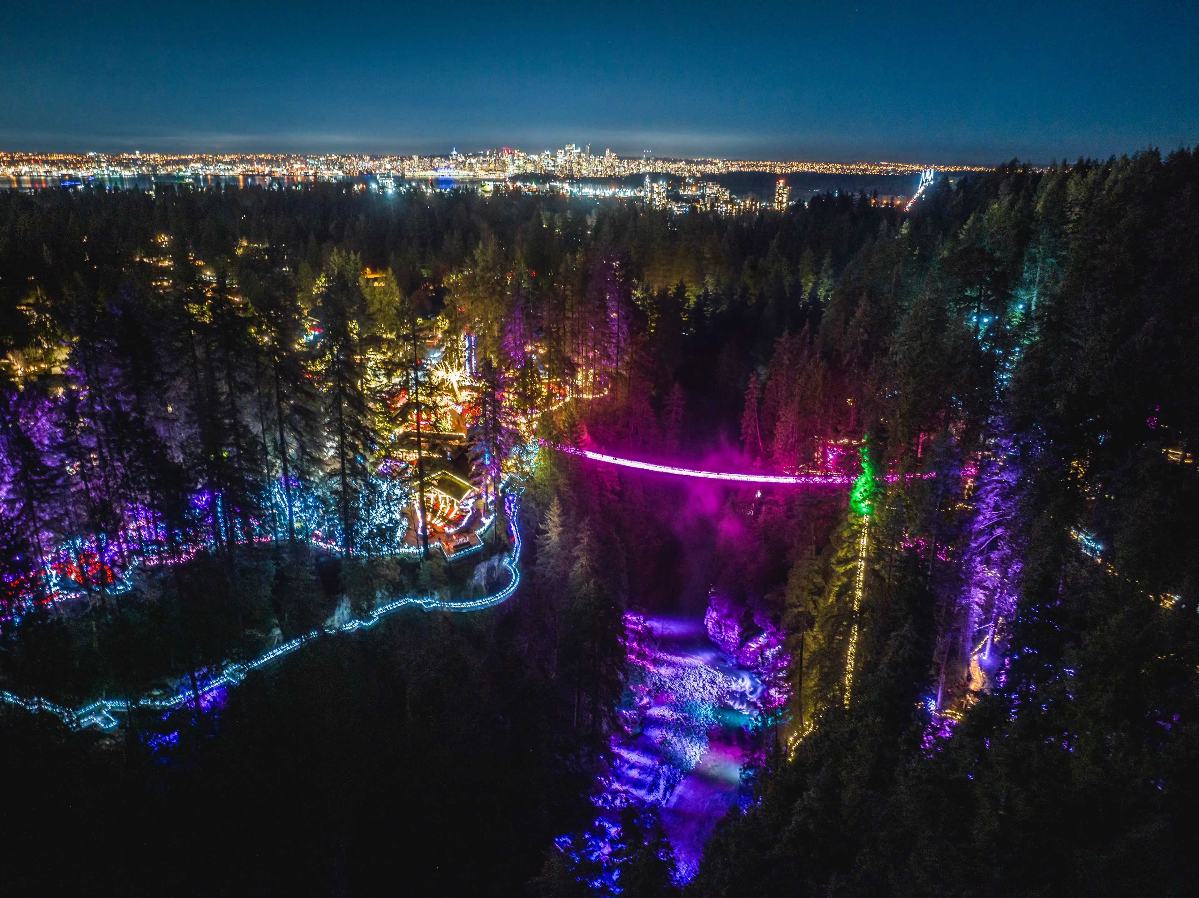 Aerial view of lights at Capilano Suspension Bridge Park as part of the Love Lights event. 