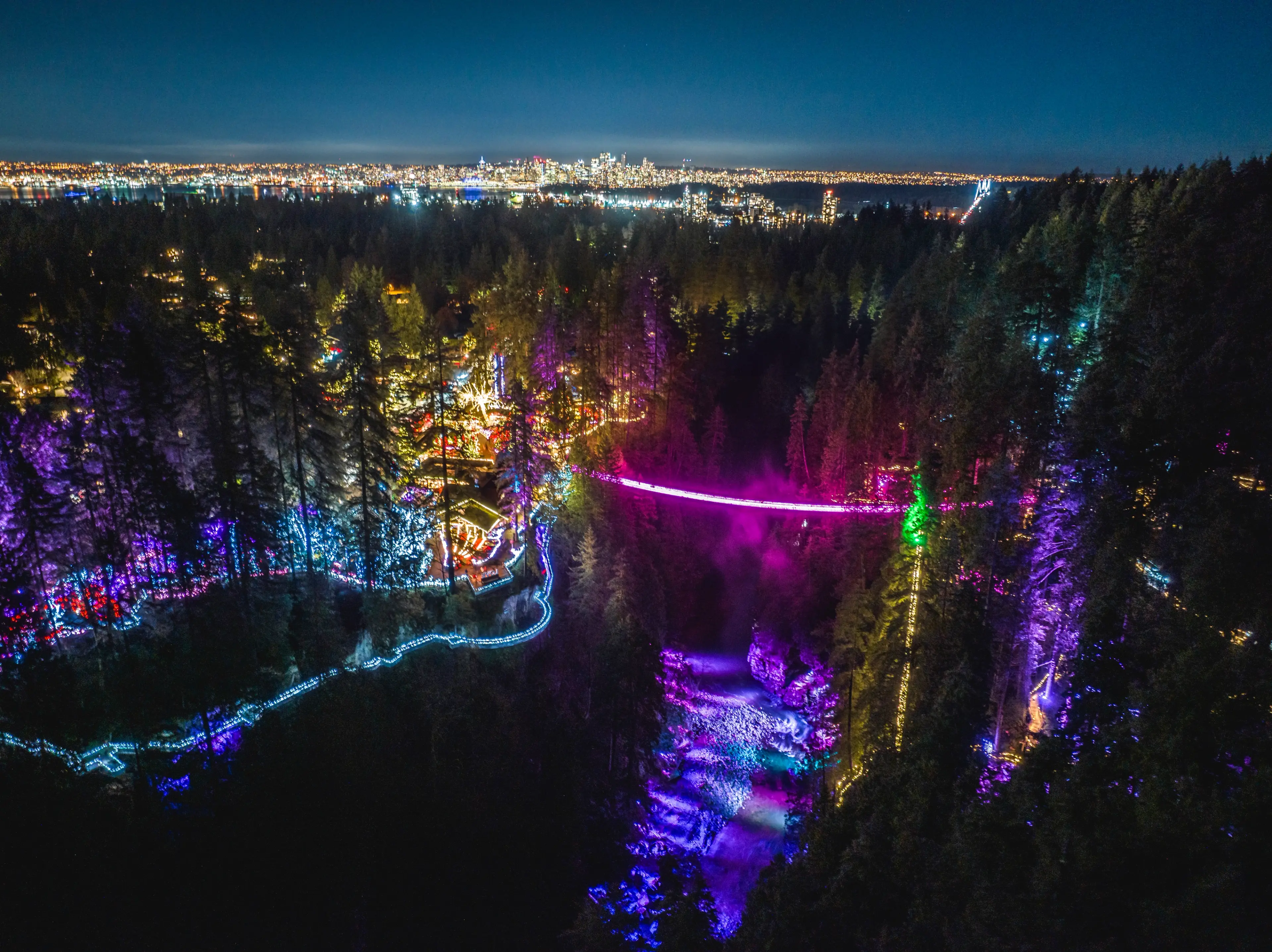 An aerial view of Love Lights at Capilano Suspension Bridge Park.