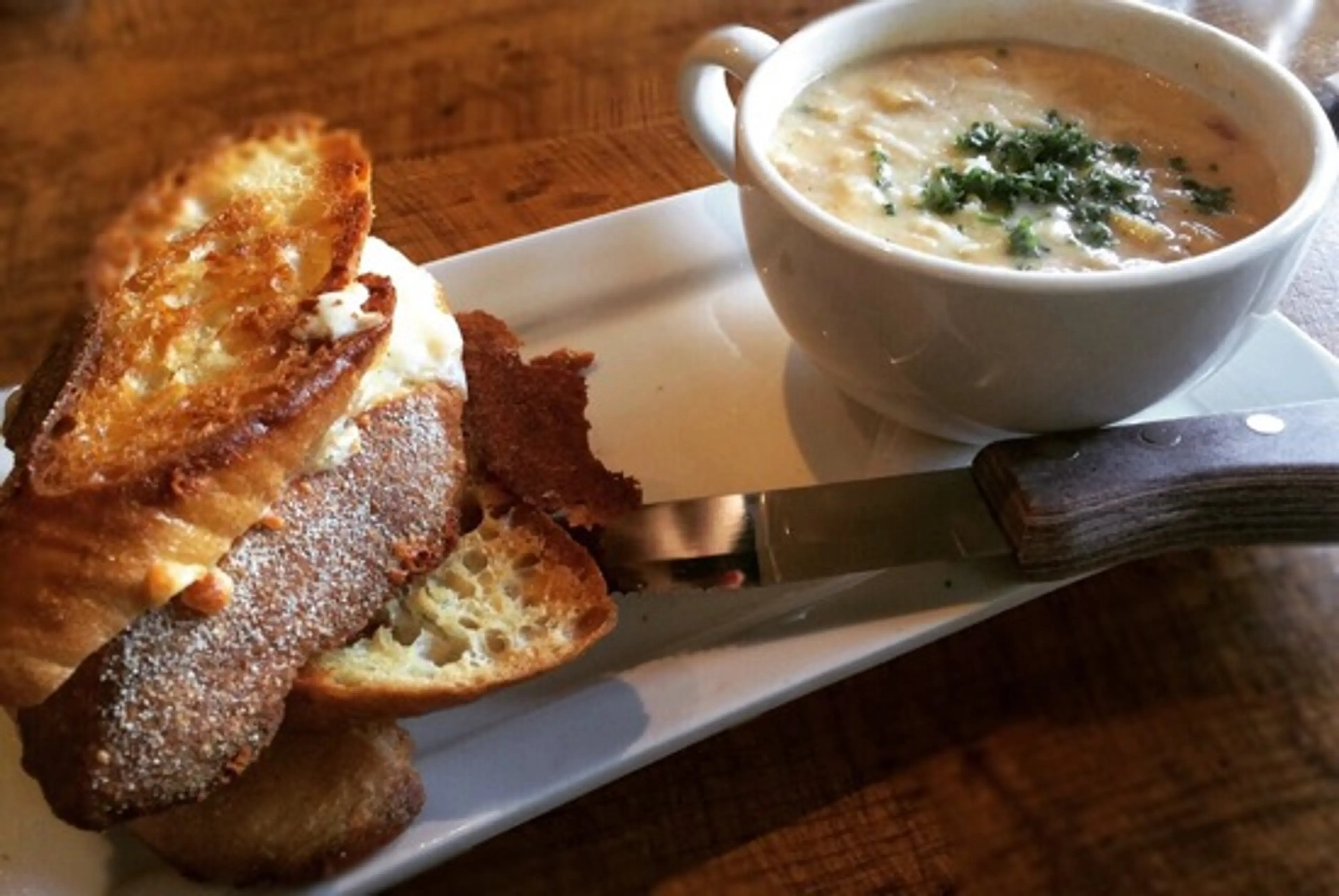 Grilled cheese and soup at Burgoo; Photo Credit: Tara Lee