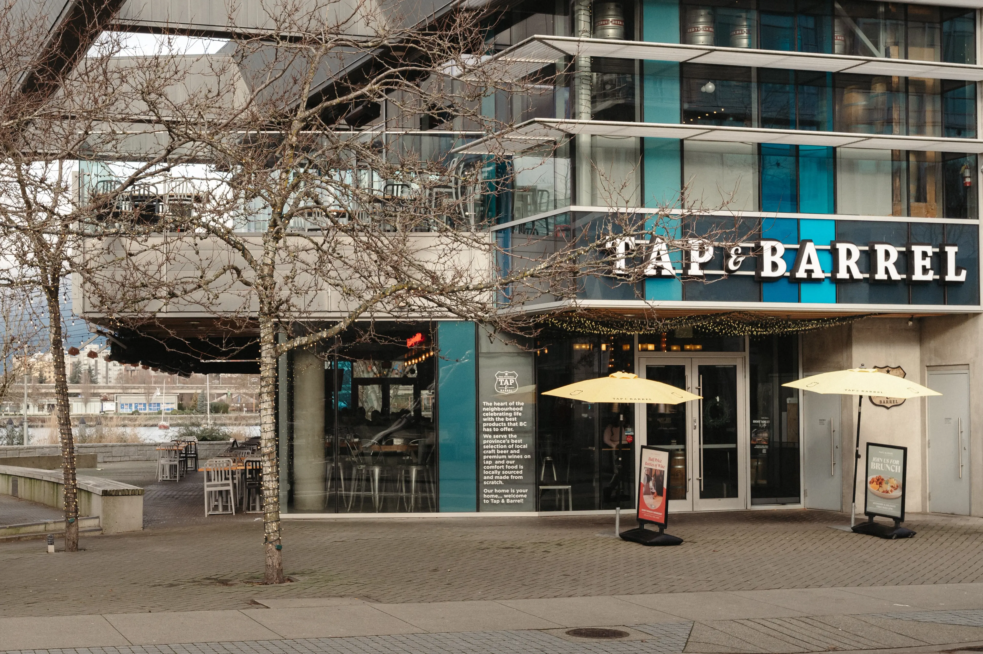 Exterior image of the Tap and Barrel restaurant in False Creek in Vancouver.