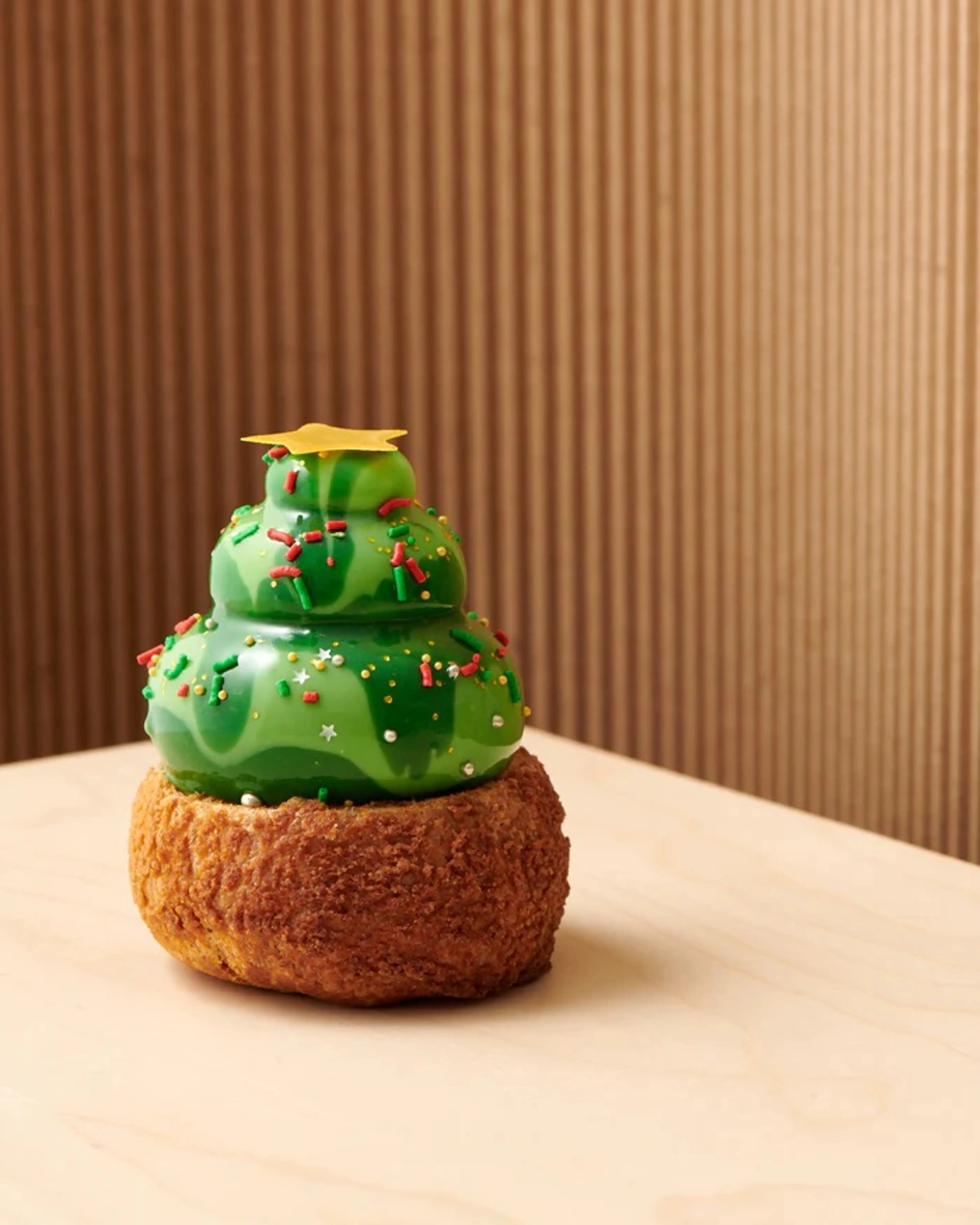 Gingerbread cream puff in the shape of a Christmas tree from Beta5 Chocolates in Vancouver