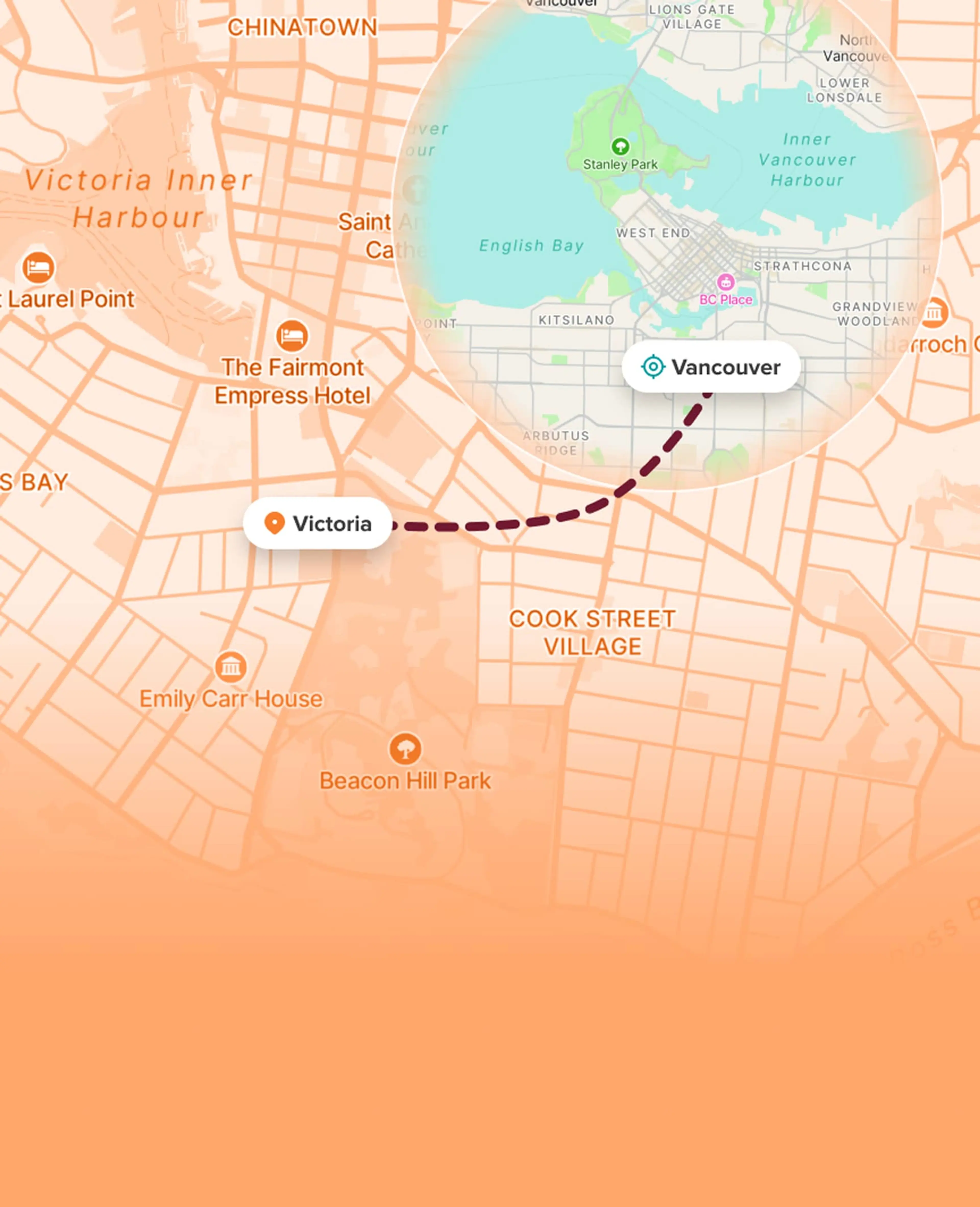 Map showing route from Vancouver to Victoria with inset photo of Victoria waterfront and buildings.