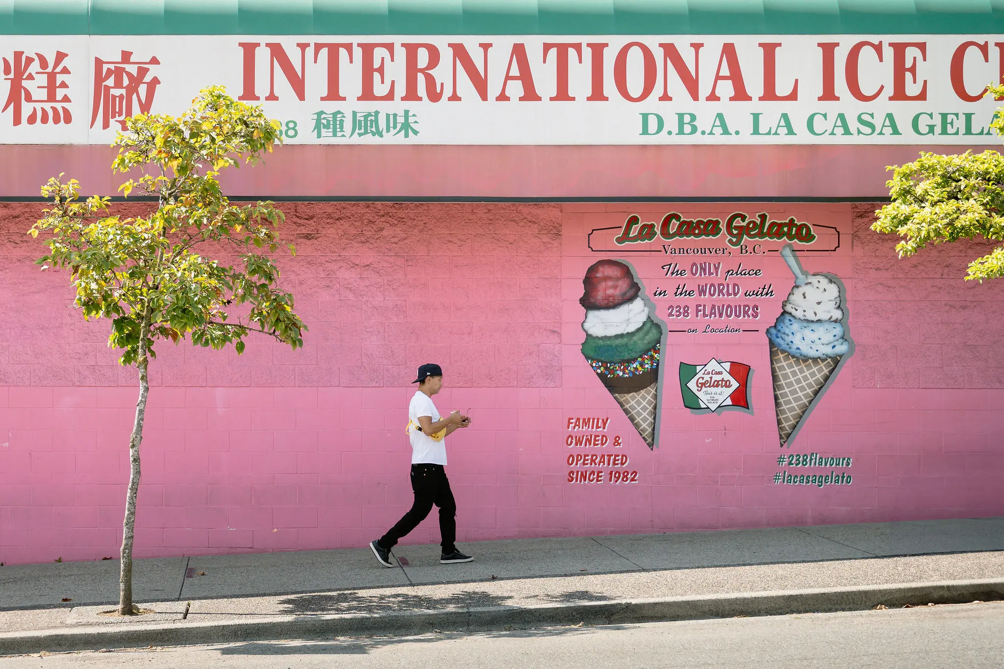 Person walking past a pink wall with ice cream cone murals and text advertising La Casa Gelato in Vancouver.