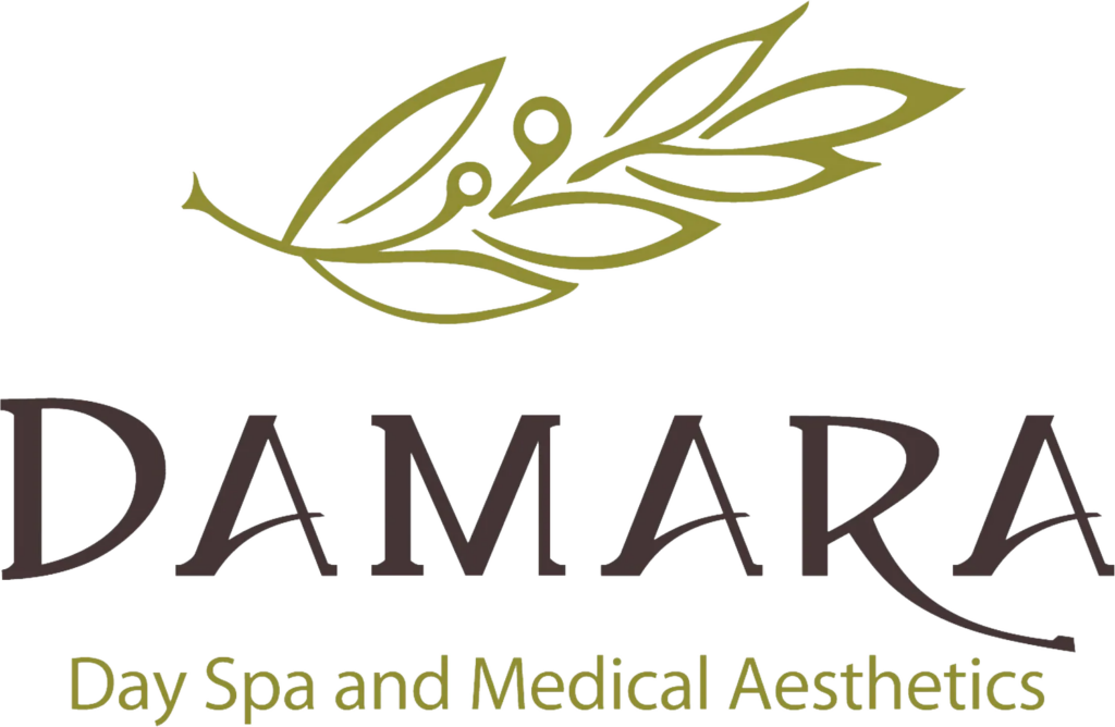 Logo with olive branch illustration above the text 'DAMARA' and 'Day Spa and Medical Aesthetics' below.