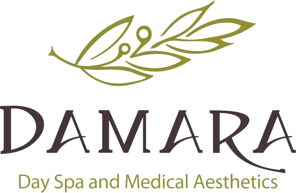 Logo with olive branch illustration above the text 'DAMARA' and 'Day Spa and Medical Aesthetics' below.