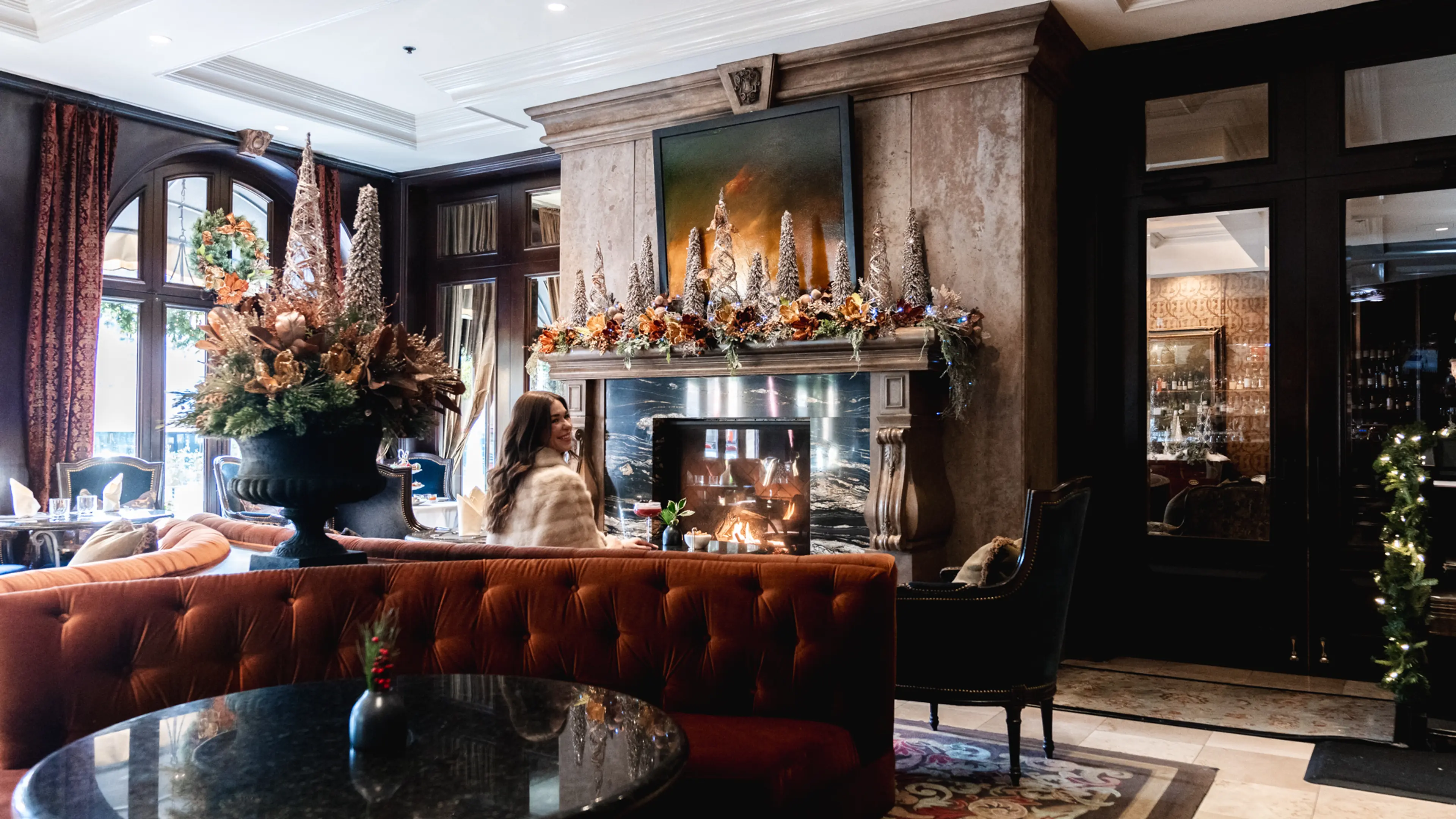 Festive decorations and fireplace at Bacchus Lounge