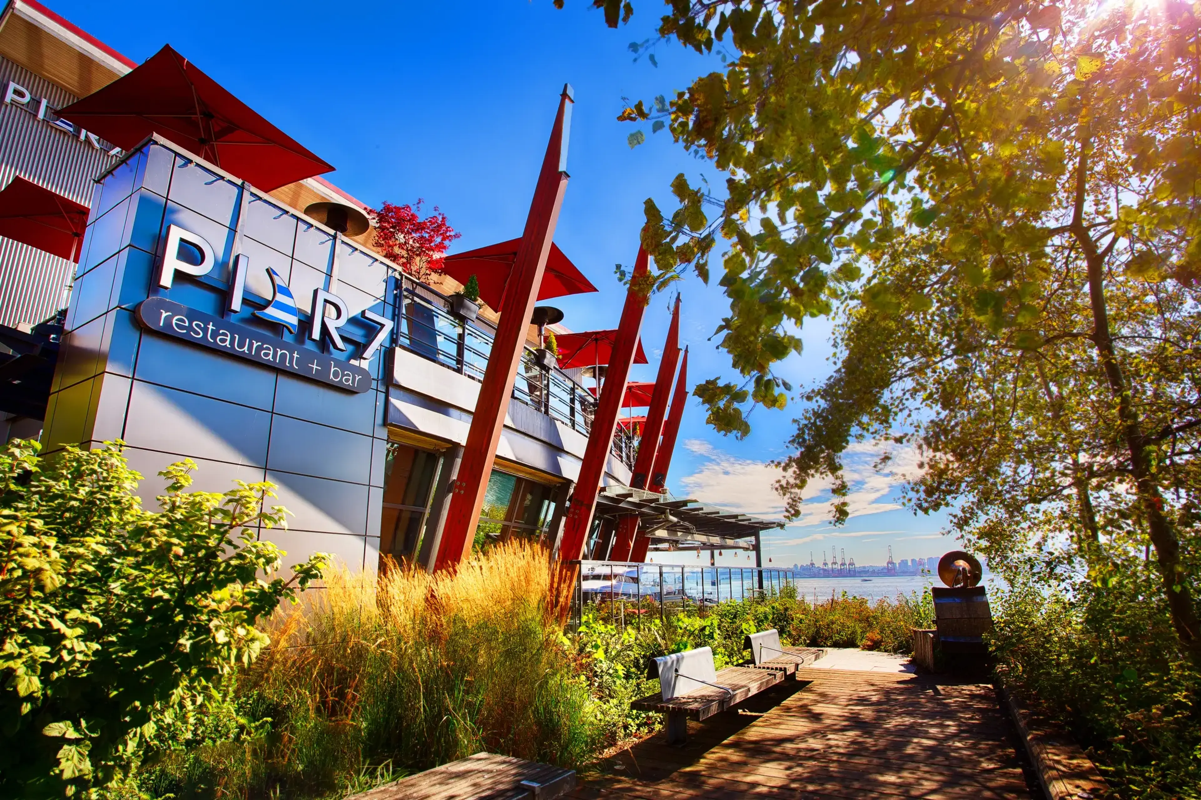 Exterior of the restaurant Pier 7 located by the ocean in North Vancouver.