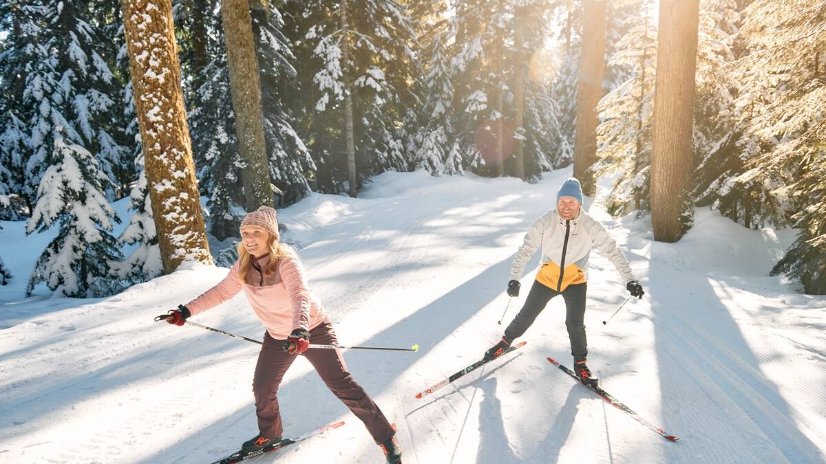 Two people cross country ski through a snowy forest at Cypress Mountain.