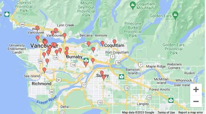 Map showing locations of celebration stations for 2023 Spring Go By Bike Week in Vancouver
