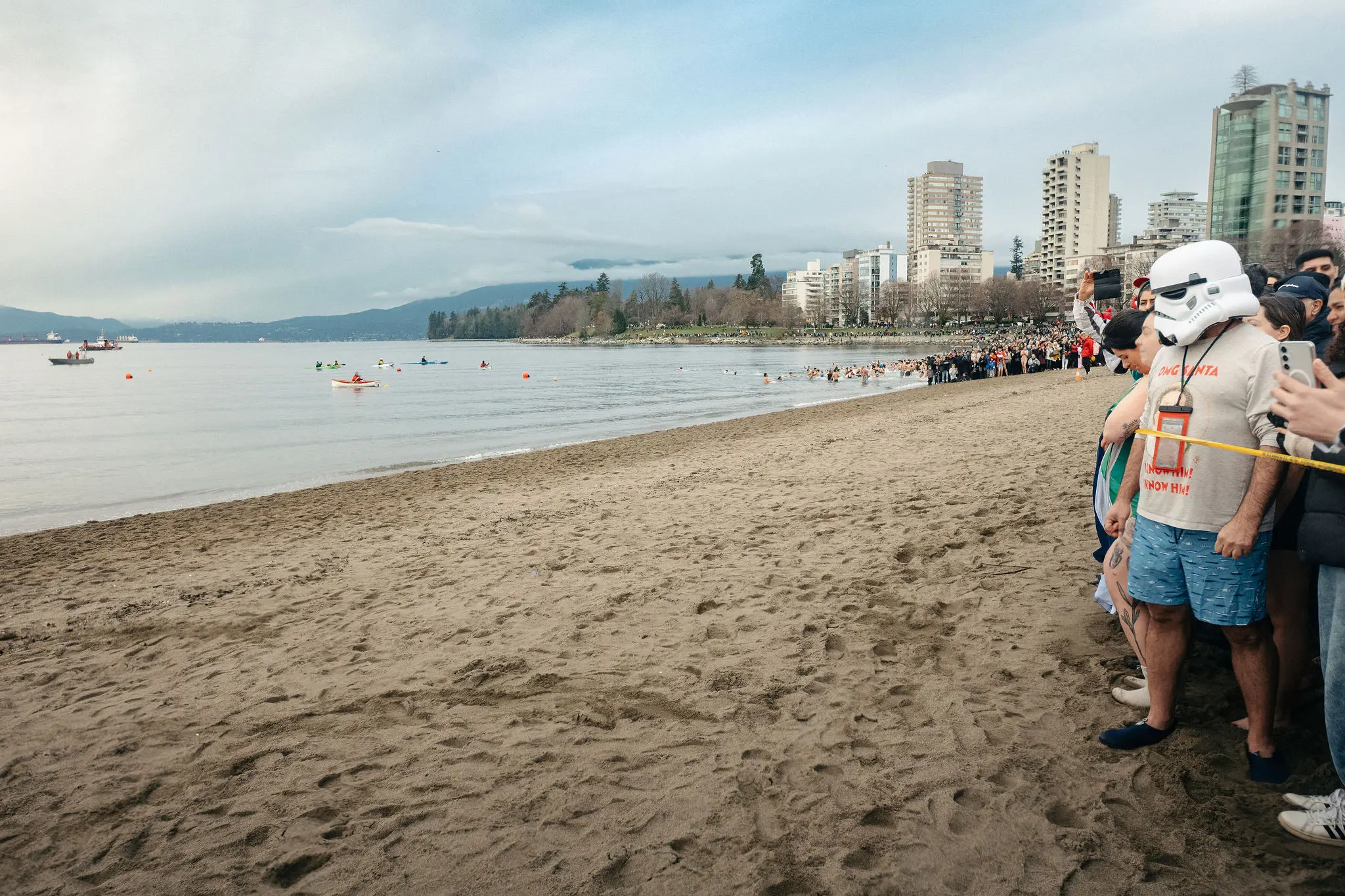 People waiting to run into the water at the Polar bear Swim start.