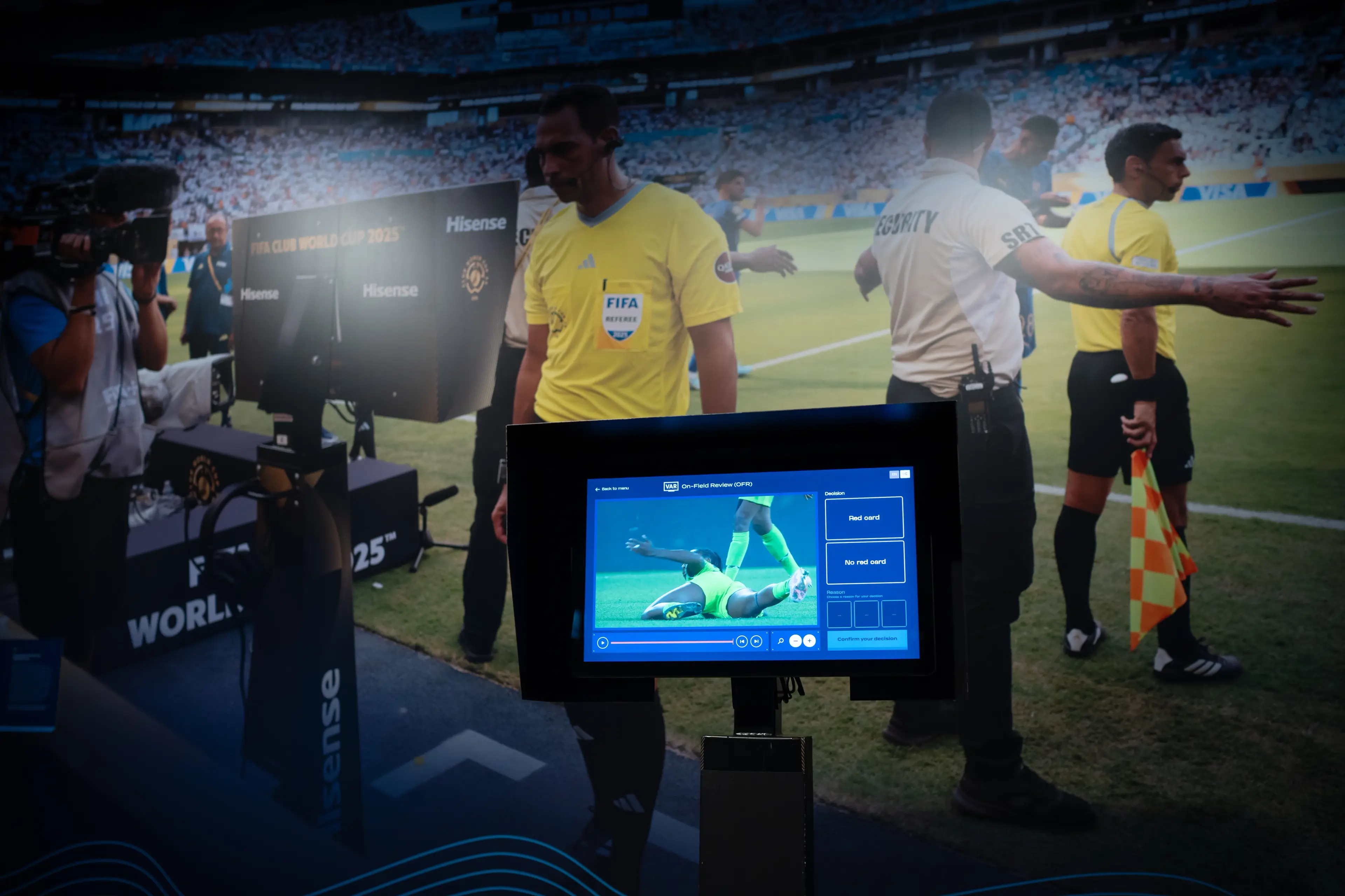 Video Assistant Referee (VAR) stand at the The Soccer and Technology Exhibit at The FIFA Museum.