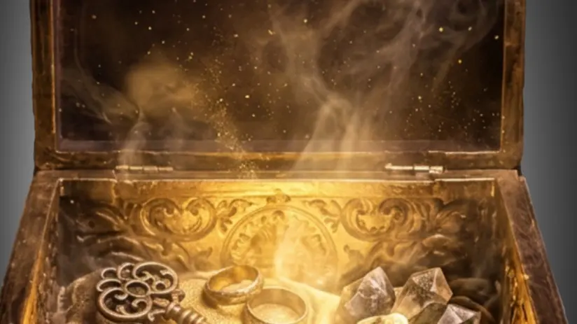 Open ornate golden chest with glowing light, smoke, two rings, a decorative key, and crystals inside.