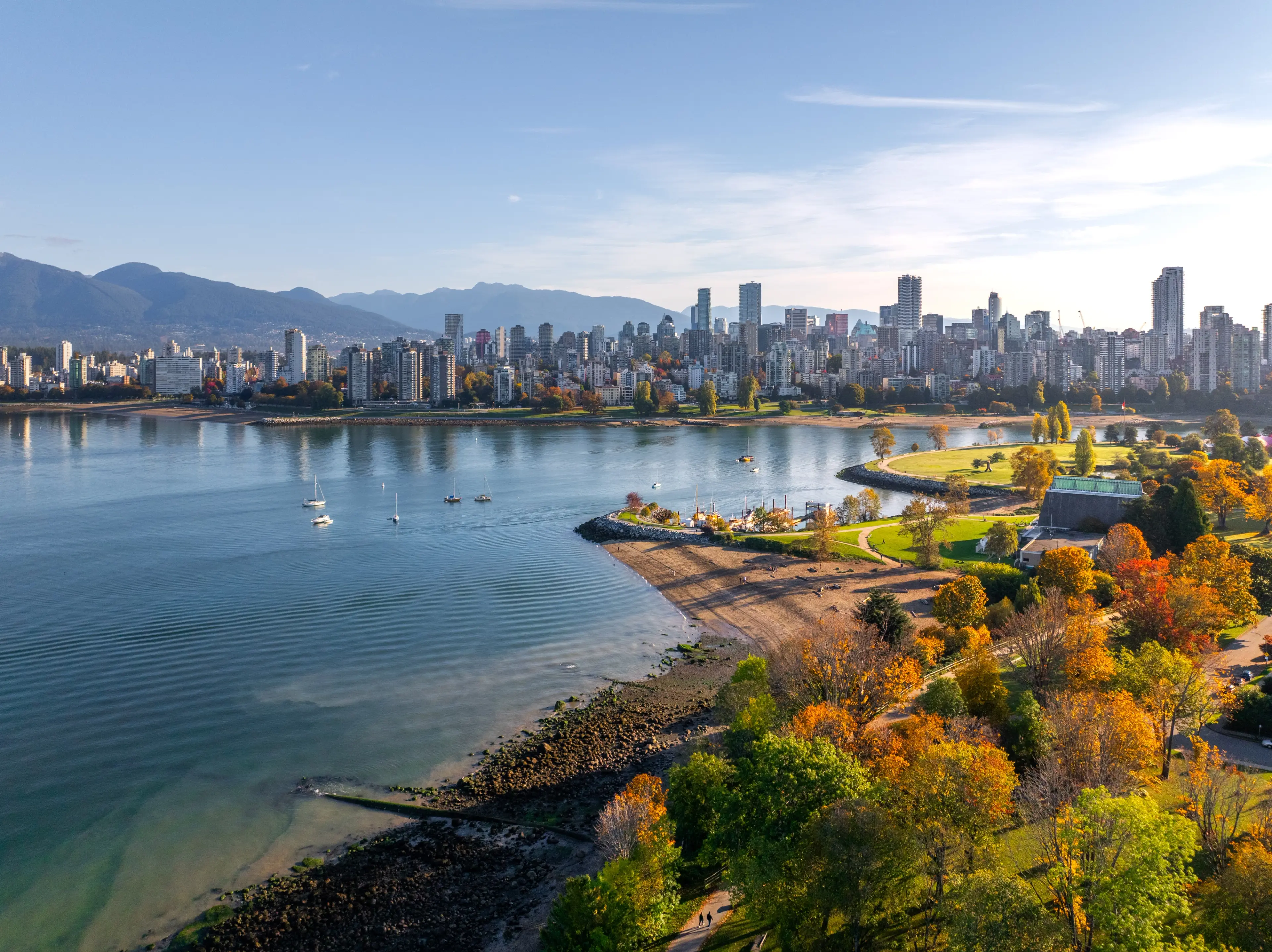 Aerial view of Kitsilano Beach with fall colours.