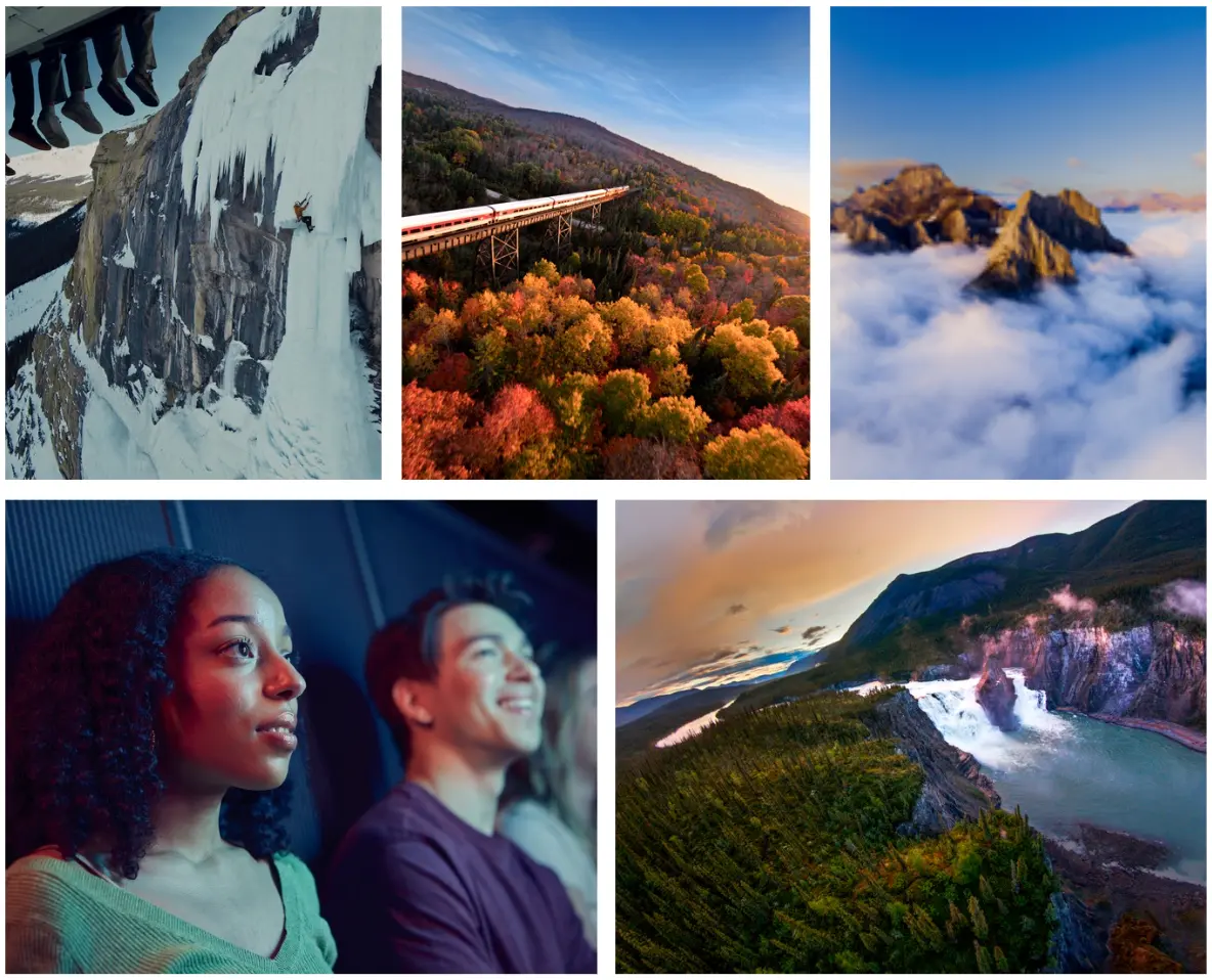 A collage of scenes from FlyOver Canada: Awaken Canada