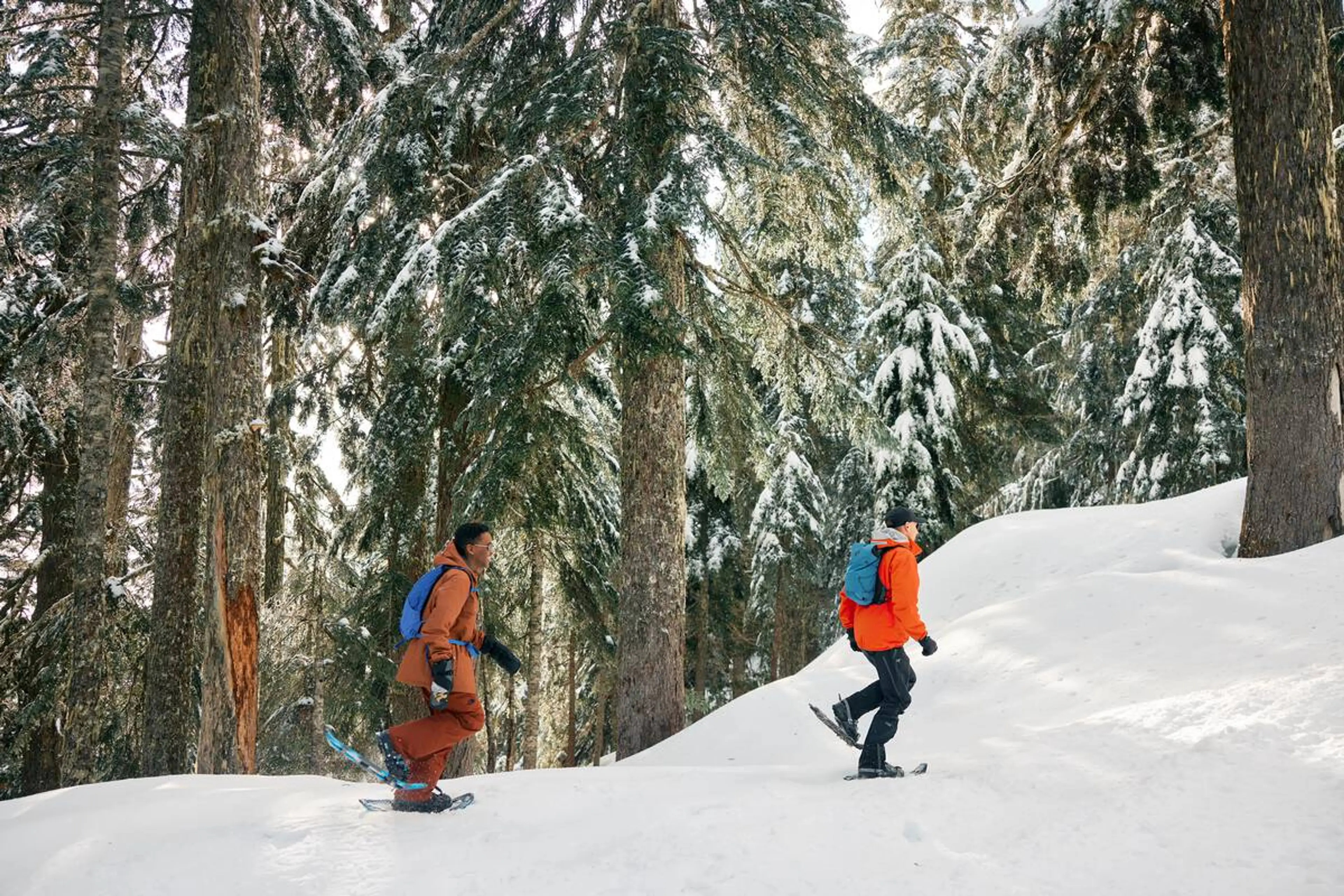 Two people snowshoeing at Grouse Mountain in Vancouver