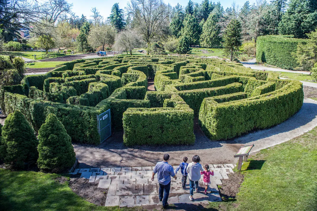 A family at the hedge maze in VanDusen Botanical Garden.