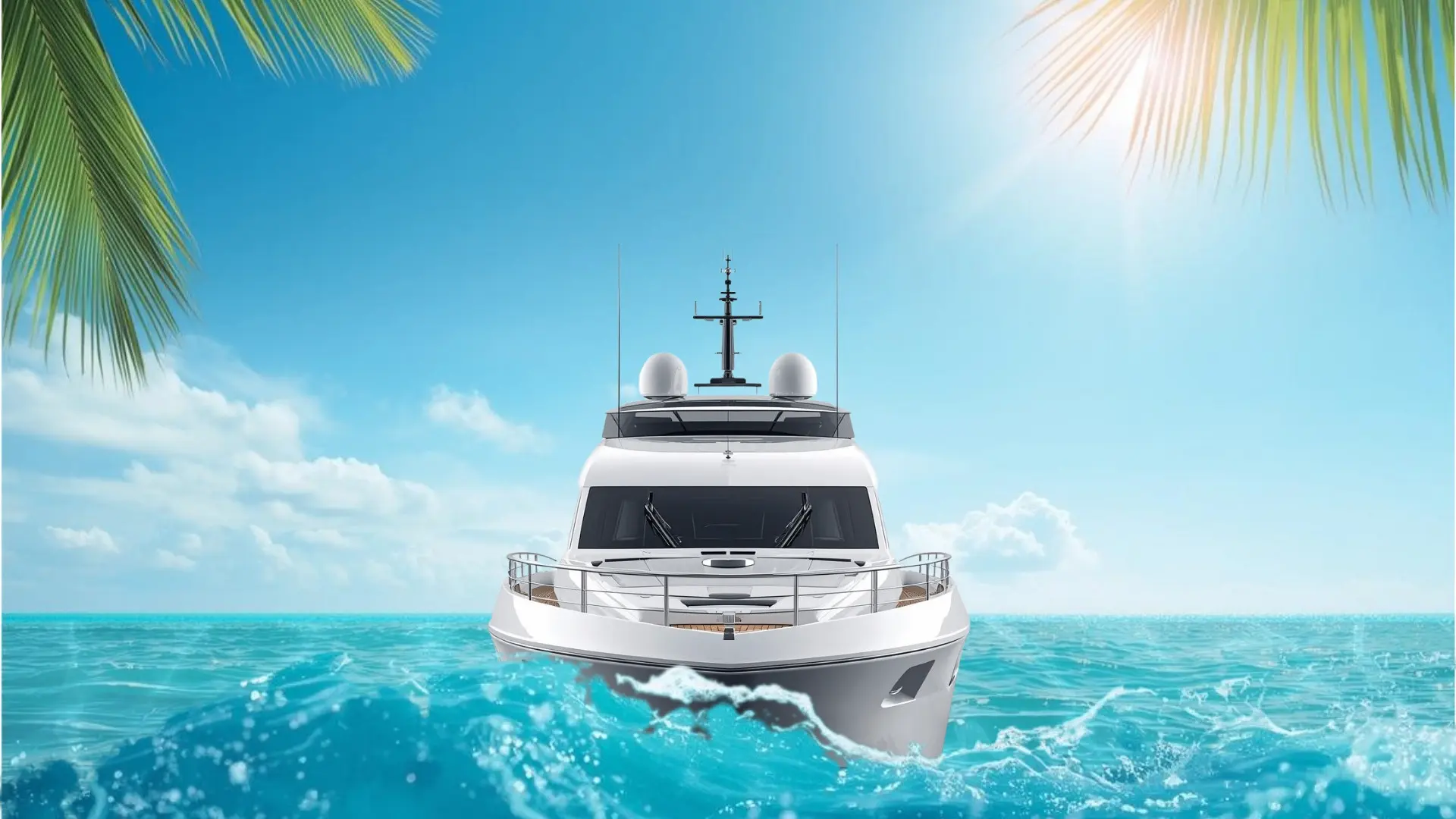 White yacht sailing on clear blue ocean under sunny sky with palm leaves framing the top corners.