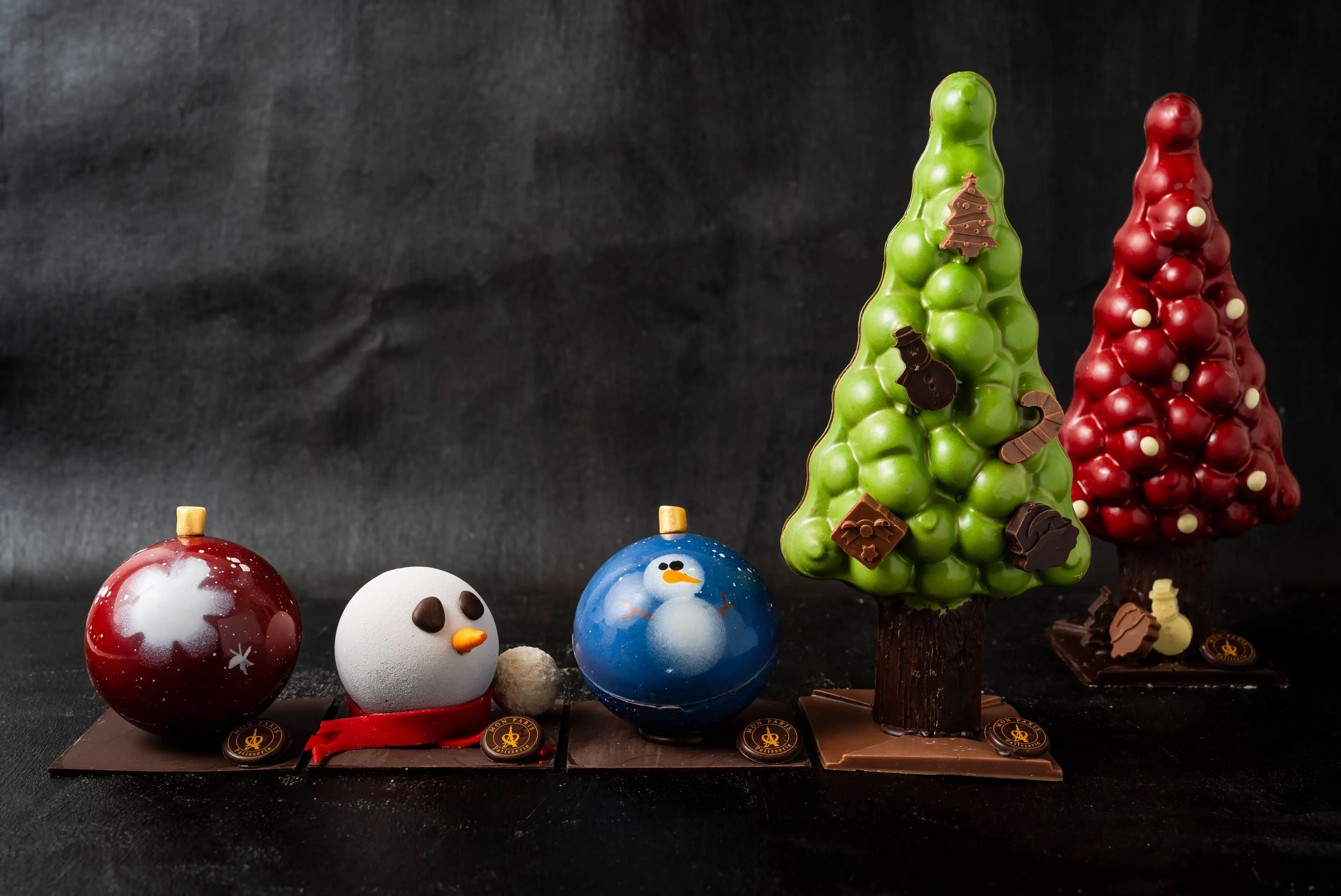 Chocolate ornaments, snowman, and trees at Mon Paris Pâtisserie