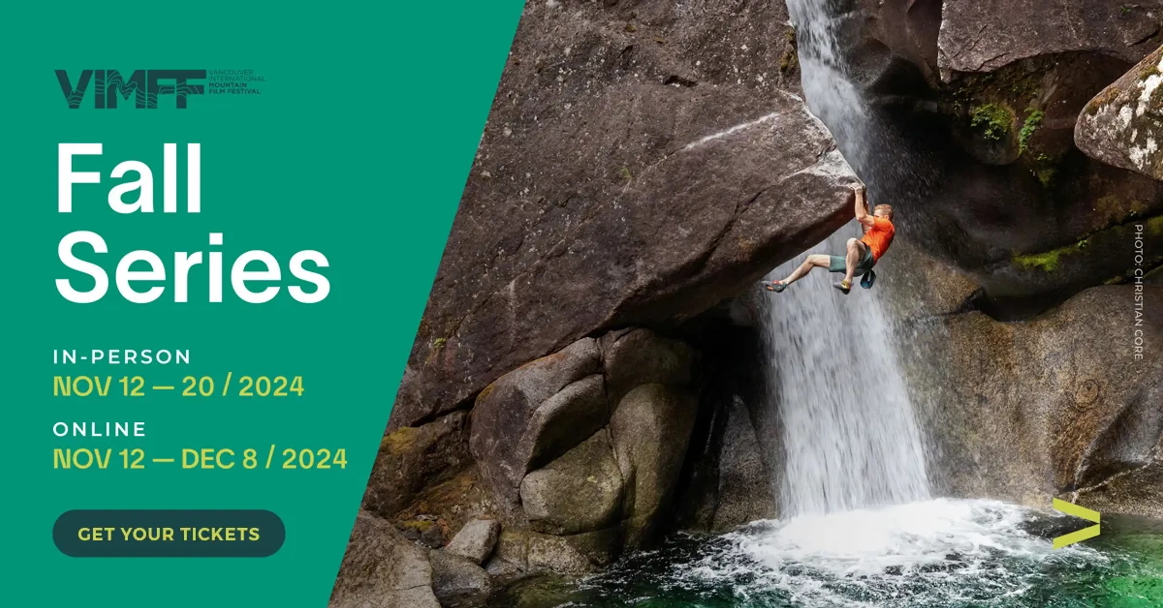 Banner image promoting the Vancouver International Mountain Film Festival Fall Series in happening November 12 to 20 in Vancouver