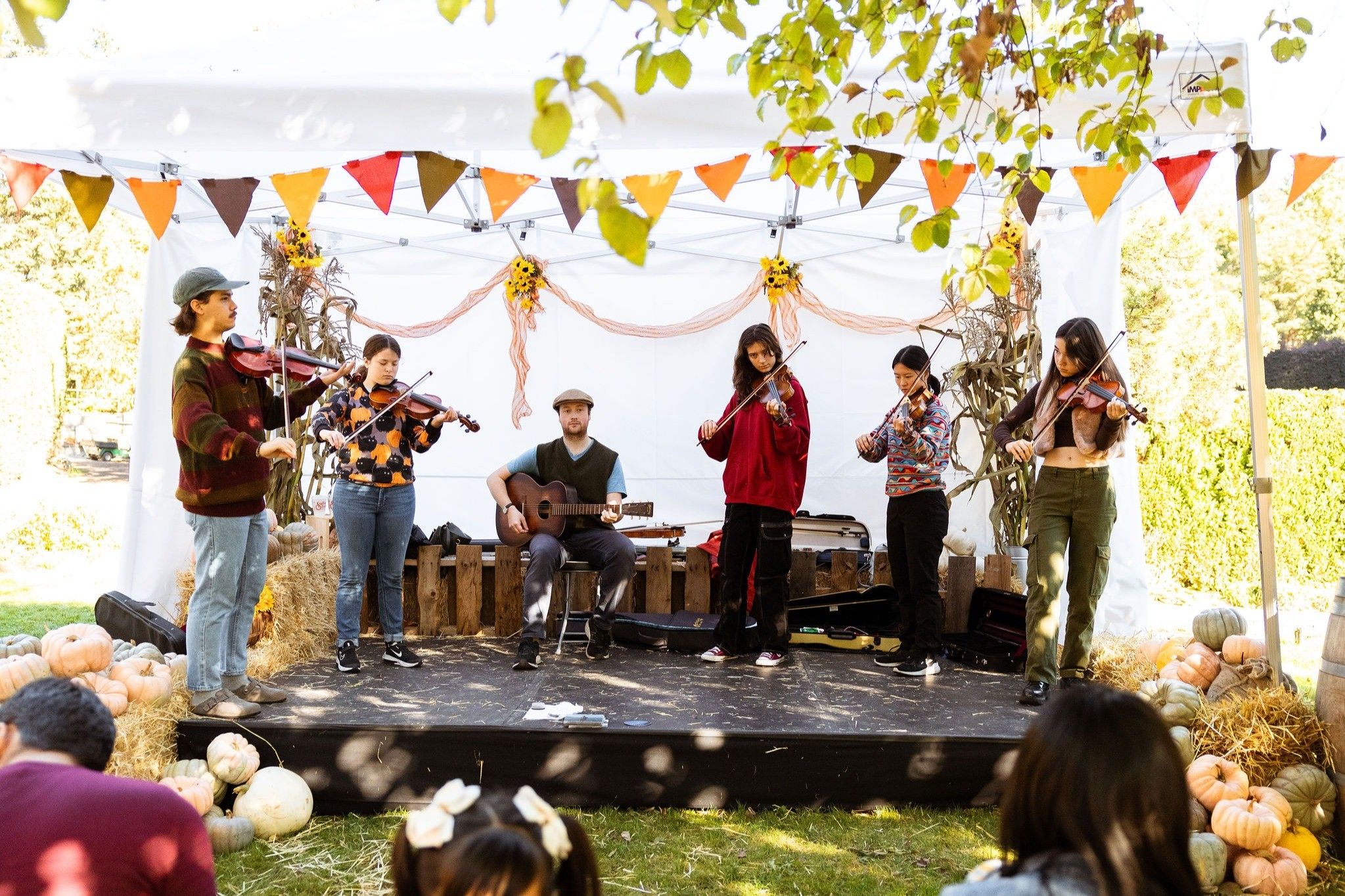 Five people playing violins and one person playing guitar on an outdoor stage decorated with autumn leaves and pumpkins.