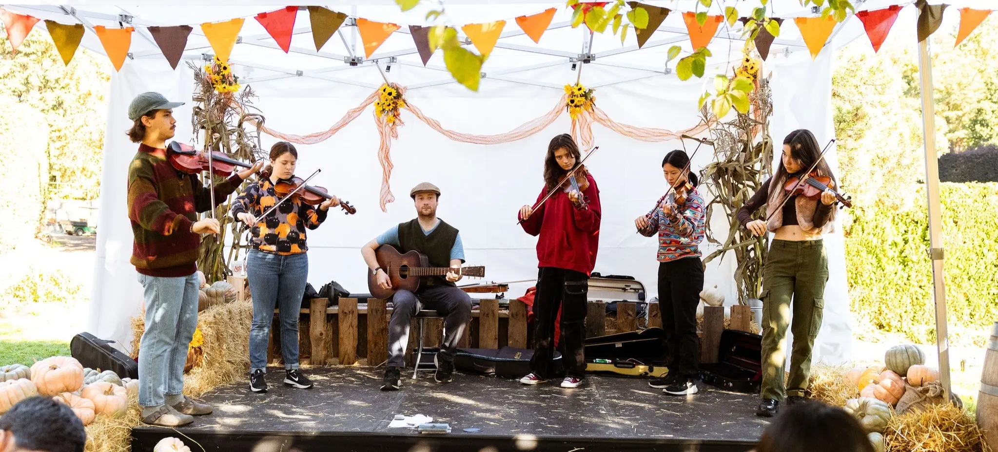Five people playing violins and one person playing guitar on an outdoor stage decorated with autumn leaves and pumpkins.