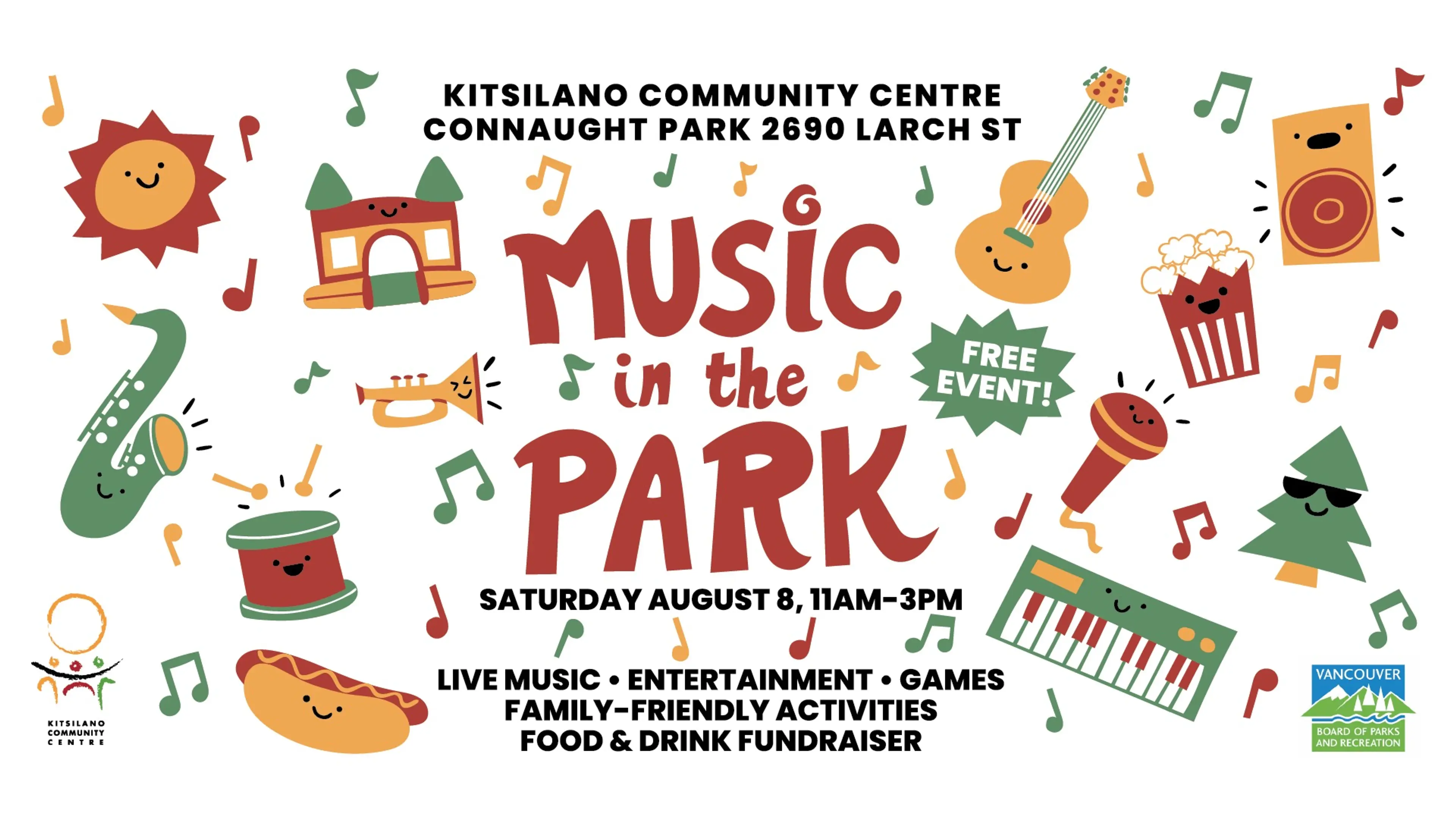Colorful flyer for Music in the Park event at Kitsilano Community Centre on August 8, 11AM-3PM, with smiling musical instruments and icons.