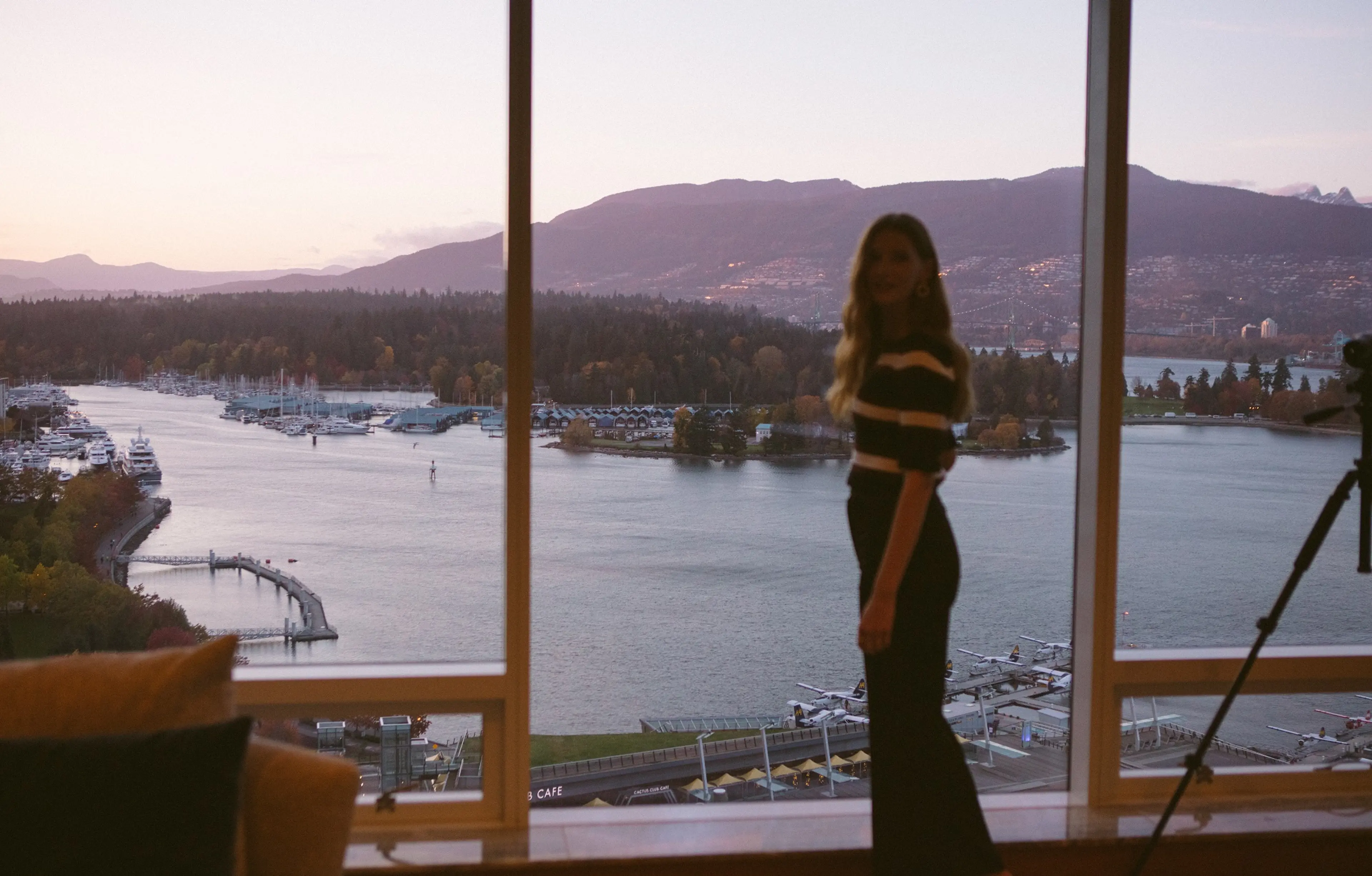 View of Coal Harbour, Stanley Park, and the North Shore Mountains from one of the rooms at the Fairmont Pacific Rim 