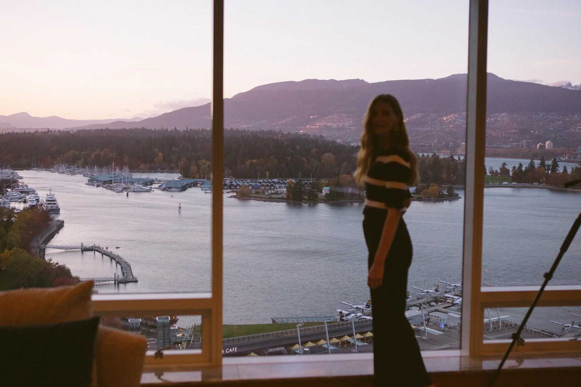 View of Coal Harbour, Stanley Park, and the North Shore Mountains from one of the rooms at the Fairmont Pacific Rim
