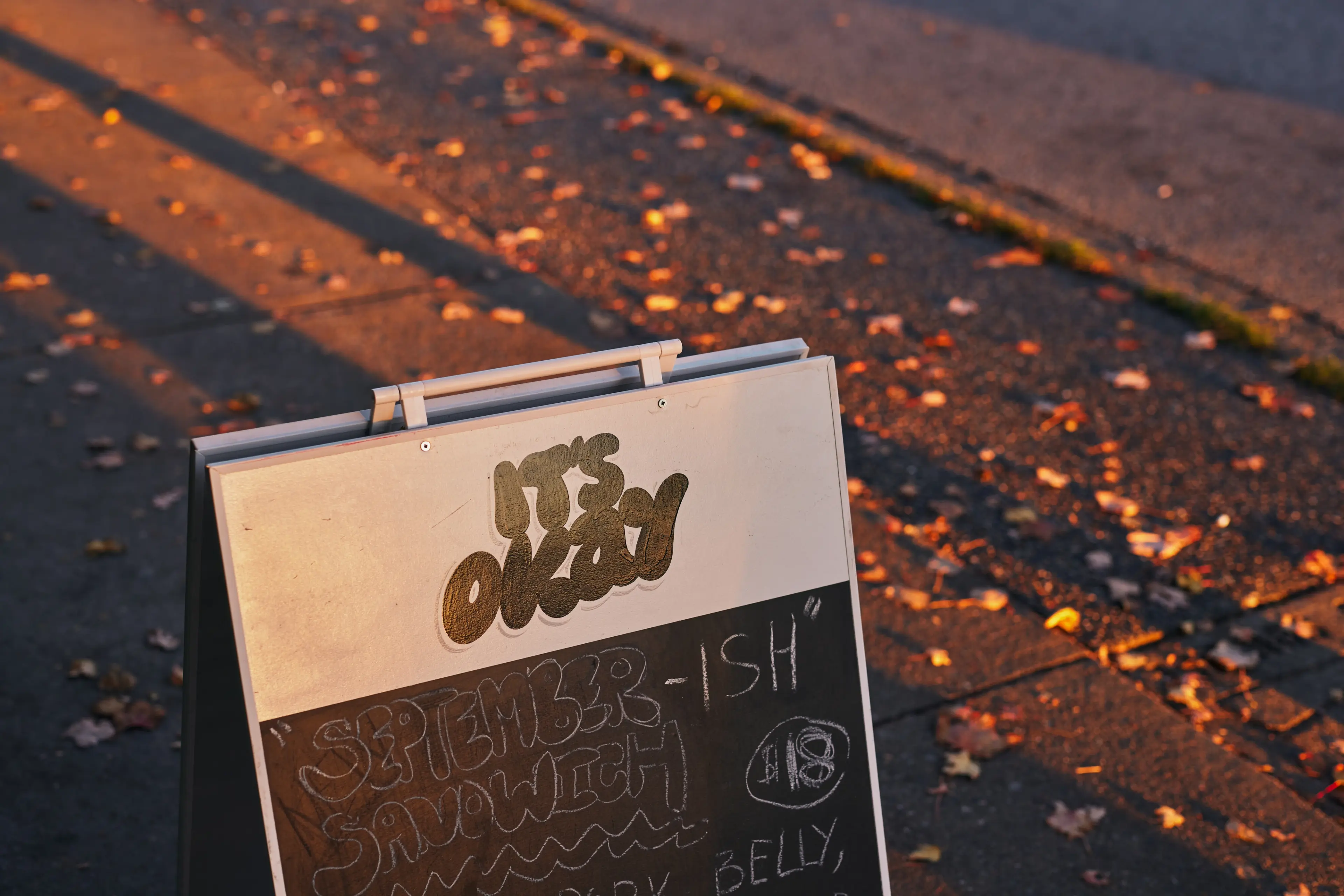 Sidewalk sandwich board sign with text "It's Okay" and handwritten menu in evening light with fallen leaves on pavement.
