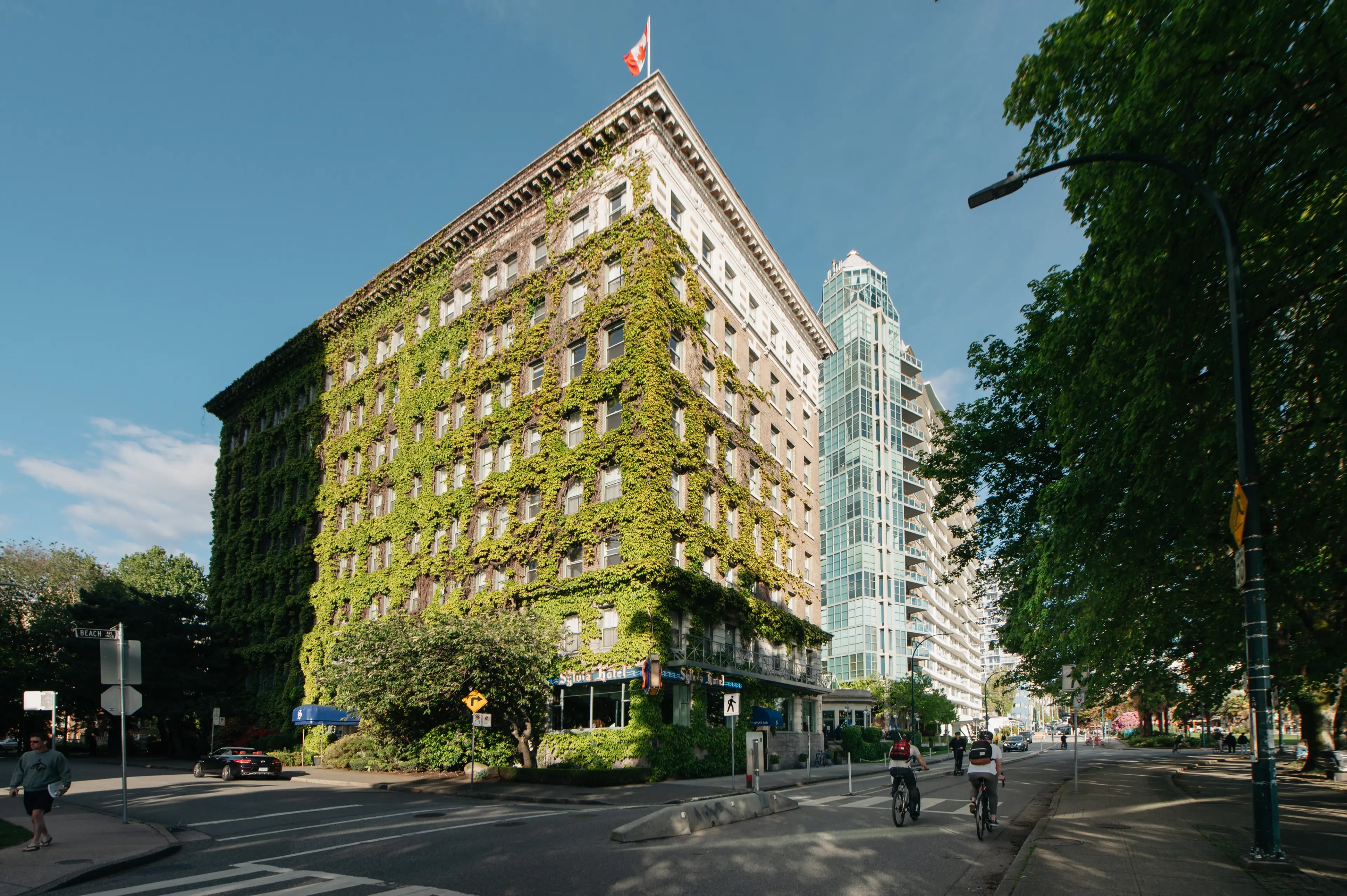 The ivy-covered exterior of the Sylvia Hotel in Vancouver. 
