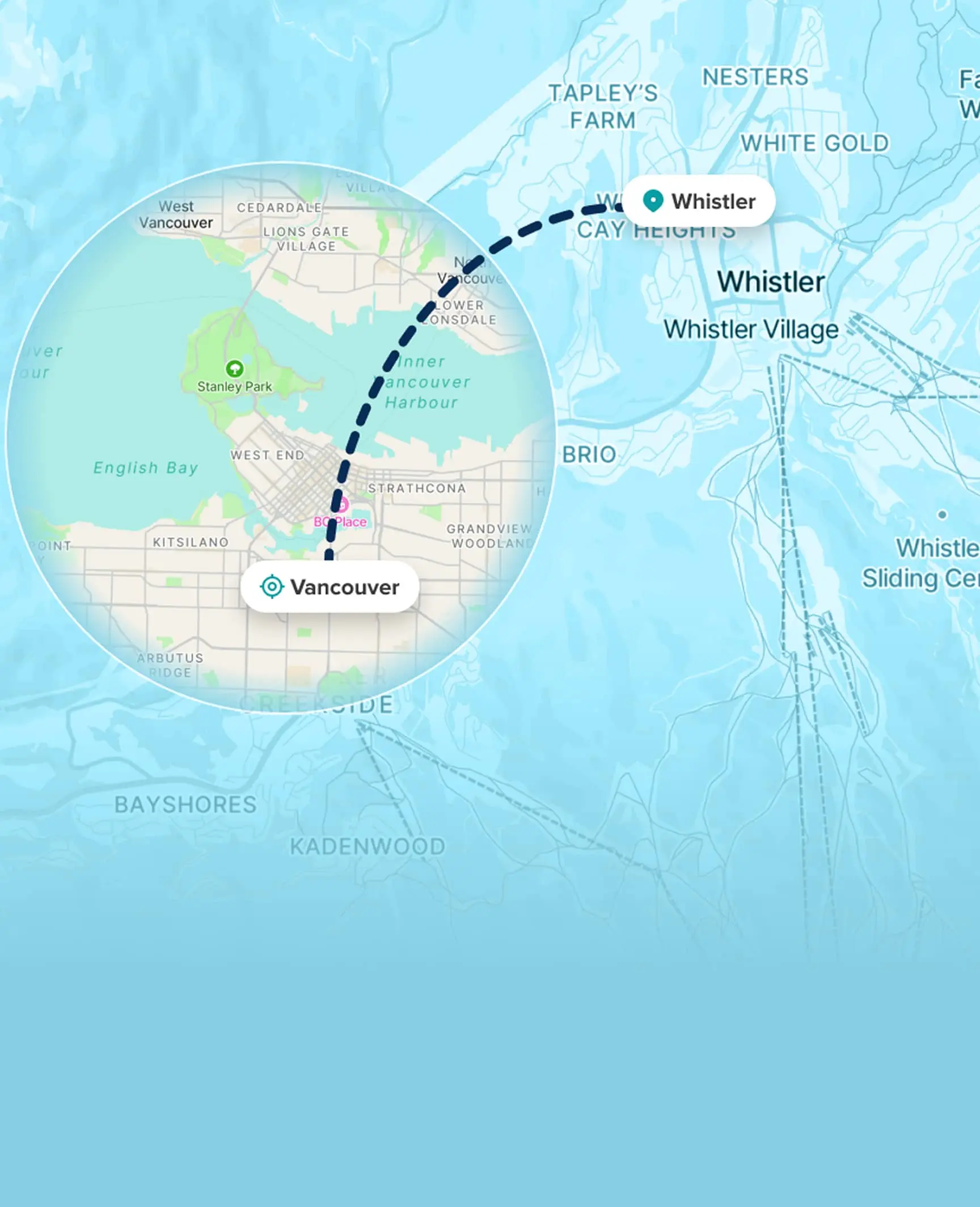 Map showing route from Vancouver to Whistler with inset photo of snowy Whistler Village and ski slopes.