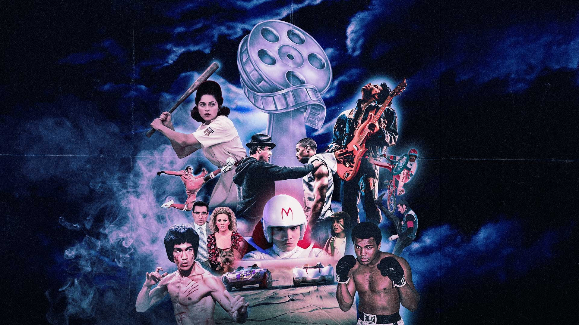 Collage of various characters including a baseball player, a boxer, a martial artist, a race car driver, a guitarist, and others against a dark smoky background.