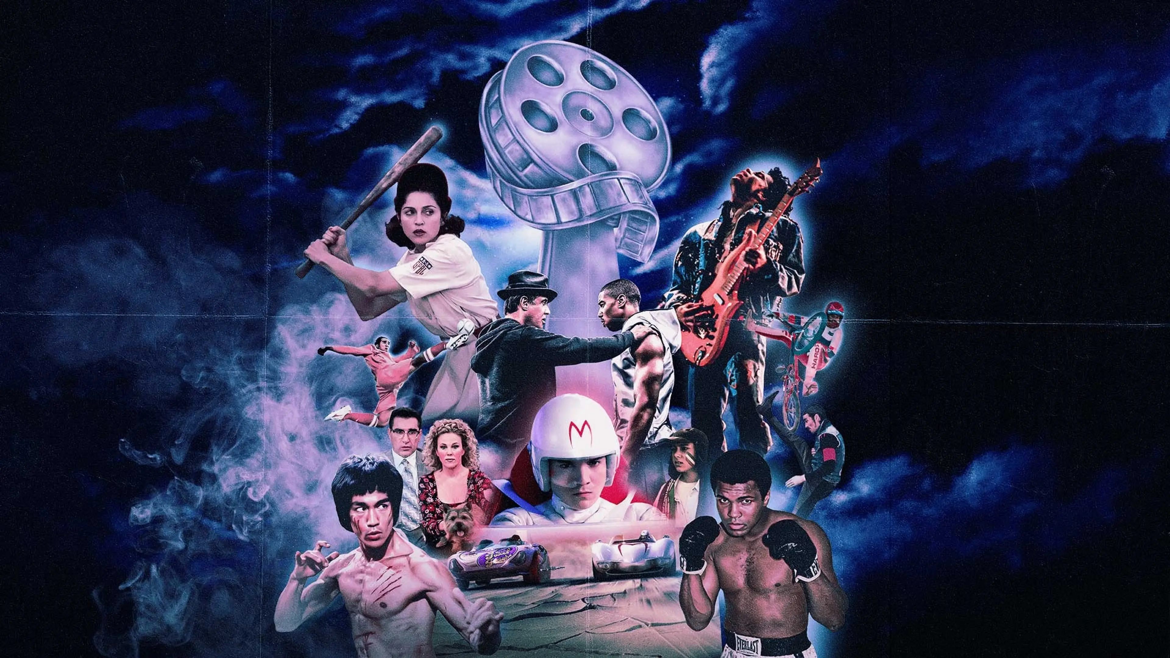 Collage of various characters including a baseball player, a boxer, a martial artist, a race car driver, a guitarist, and others against a dark smoky background.