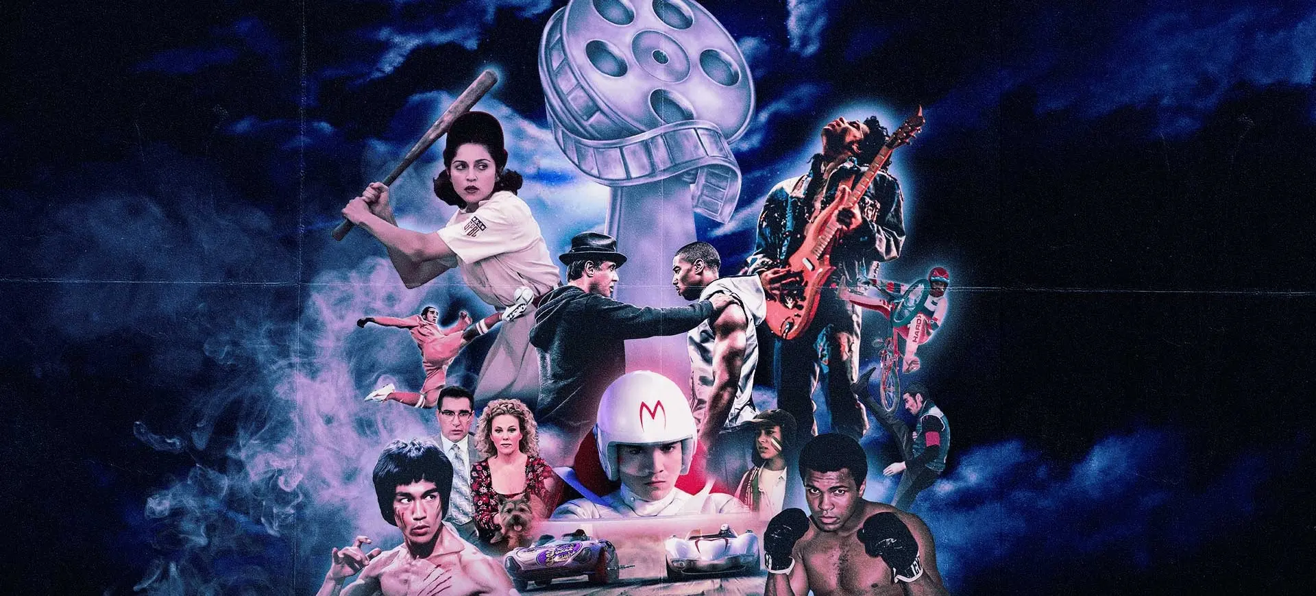 Collage of various characters including a baseball player, a boxer, a martial artist, a race car driver, a guitarist, and others against a dark smoky background.