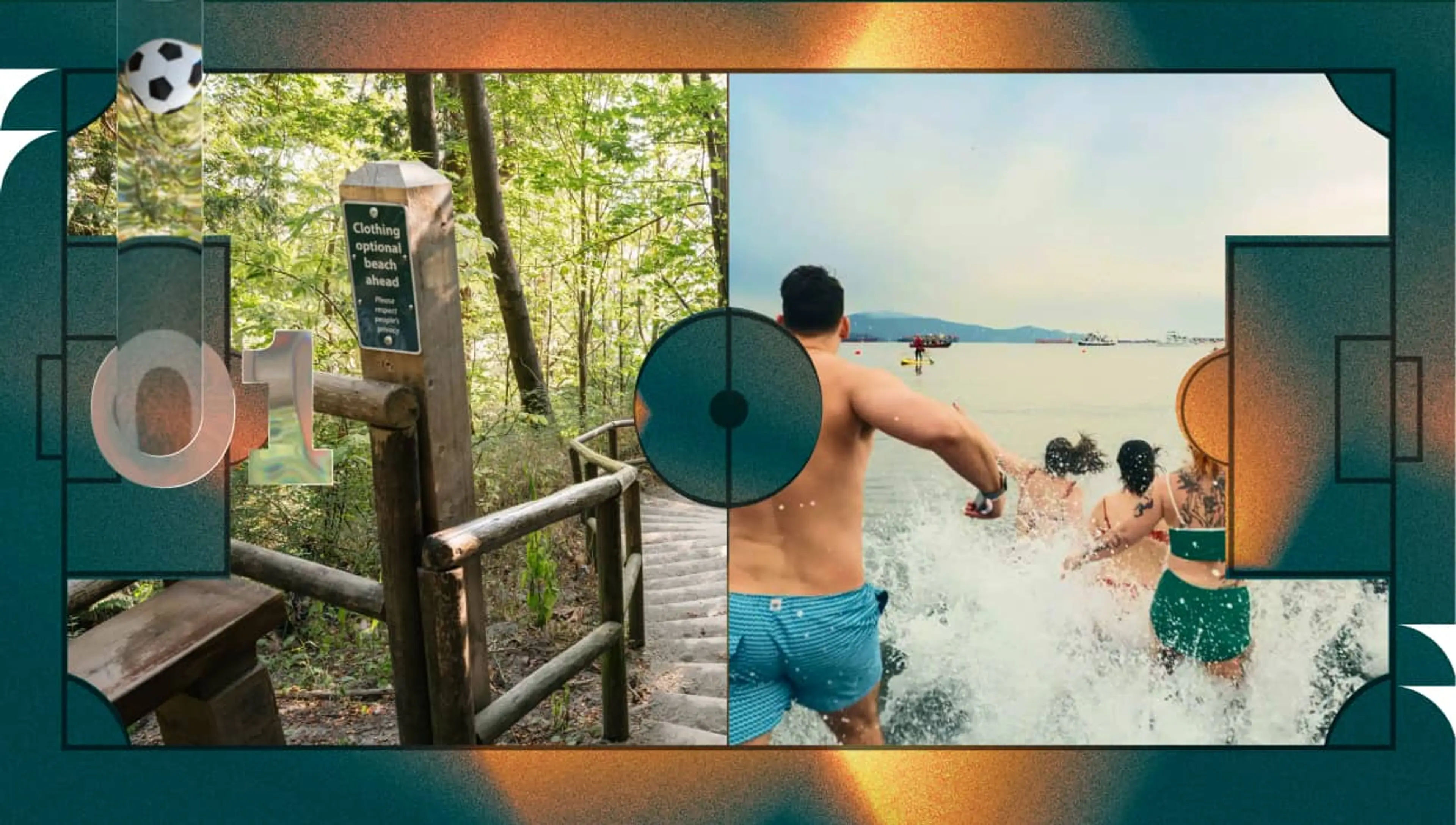 Left side shows a wooden path with a sign reading 'Clothing optional beach ahead'; right side shows people running into the water at a beach.
