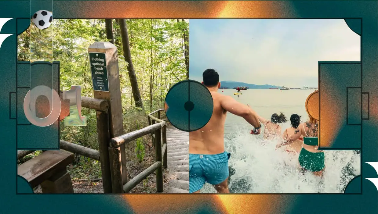Left side shows a wooden path with a sign reading 'Clothing optional beach ahead'; right side shows people running into the water at a beach.