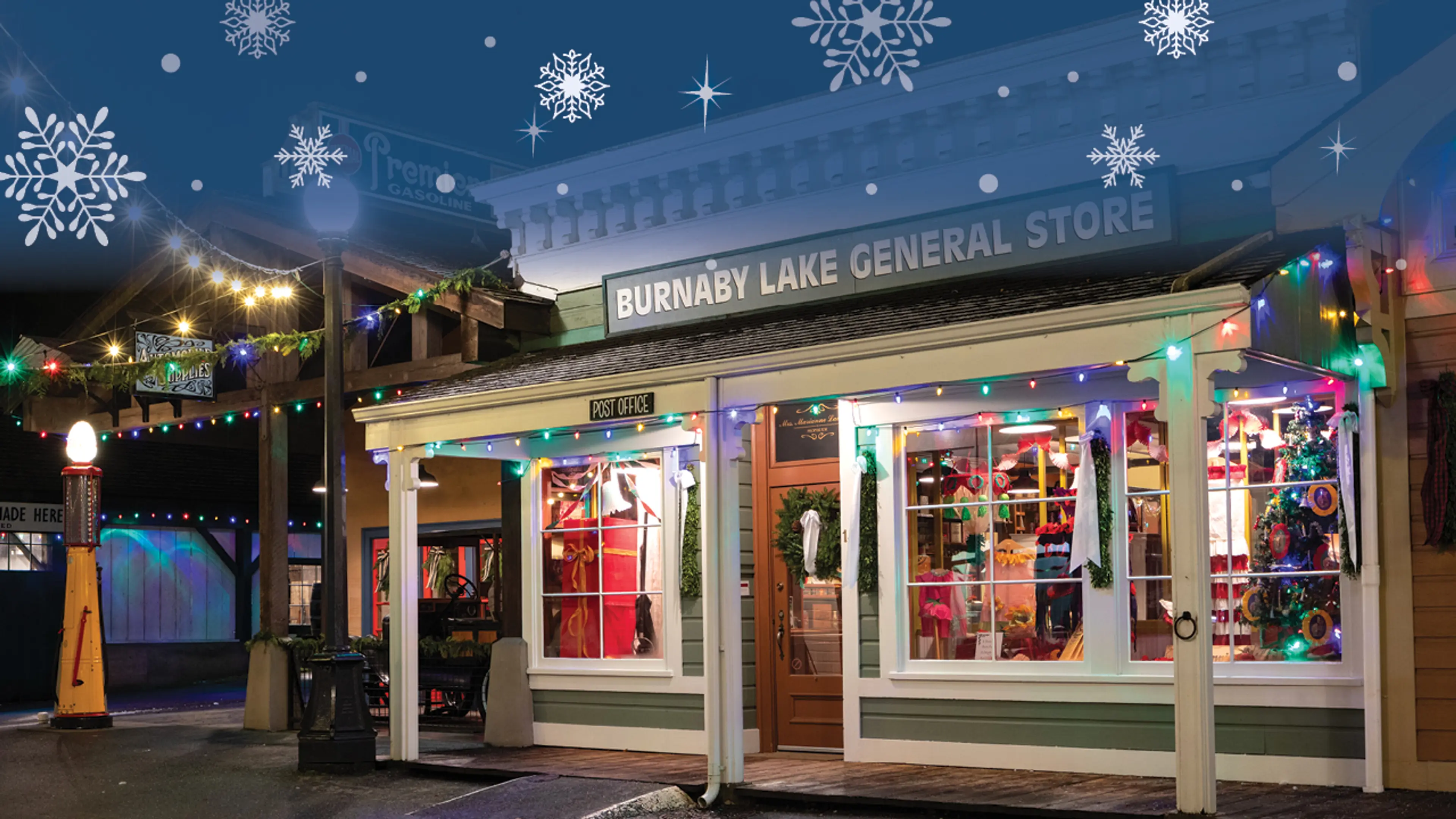 A historical building decorated for the holidays at Burnaby Village Museum’s Heritage Christmas event. 
